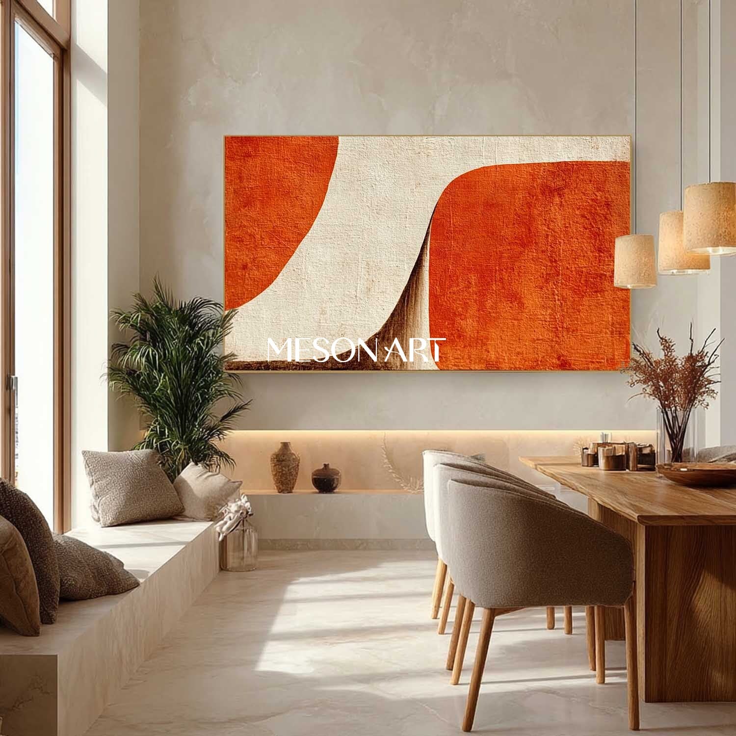 Minimalist Abstract Wall Art Orange and Beige Geometric Canvas Decor