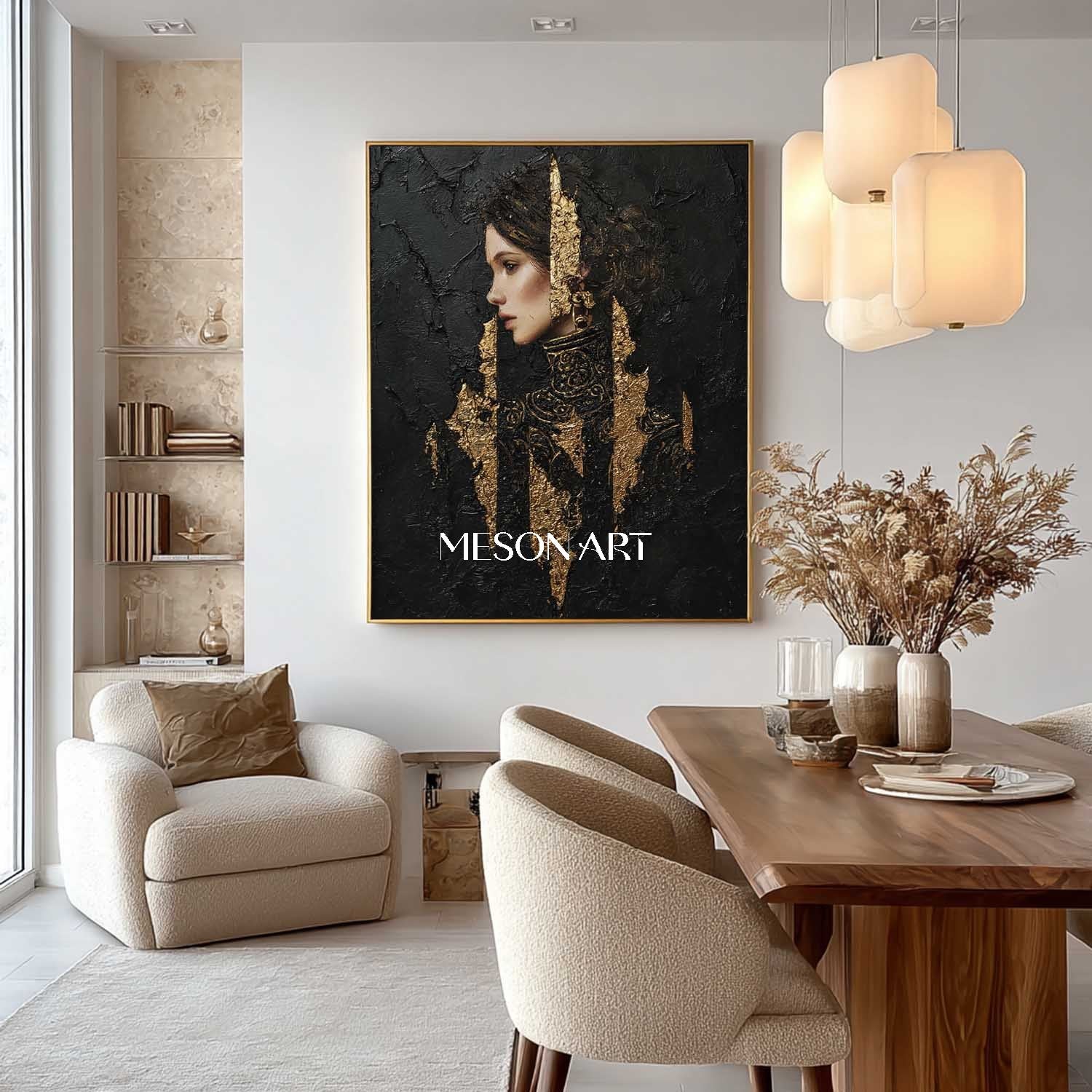 Black and Gold Lady Abstract Portrait Art for Sale Pretty Woman Portrait Texture Painting