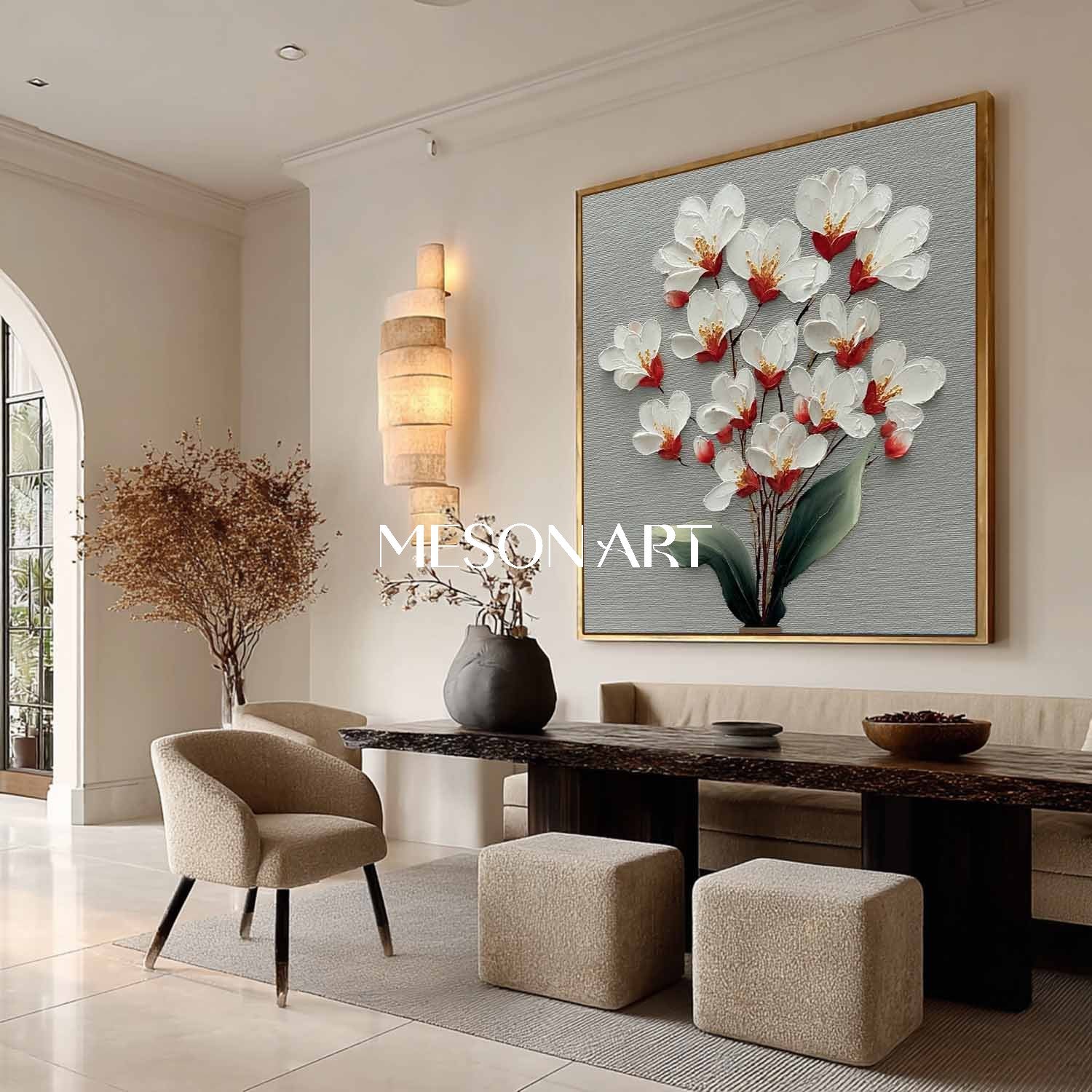 Large Floral Canvas Painting Neutral Floral Painting for Calm Interiors Floral Wall Art for Sale