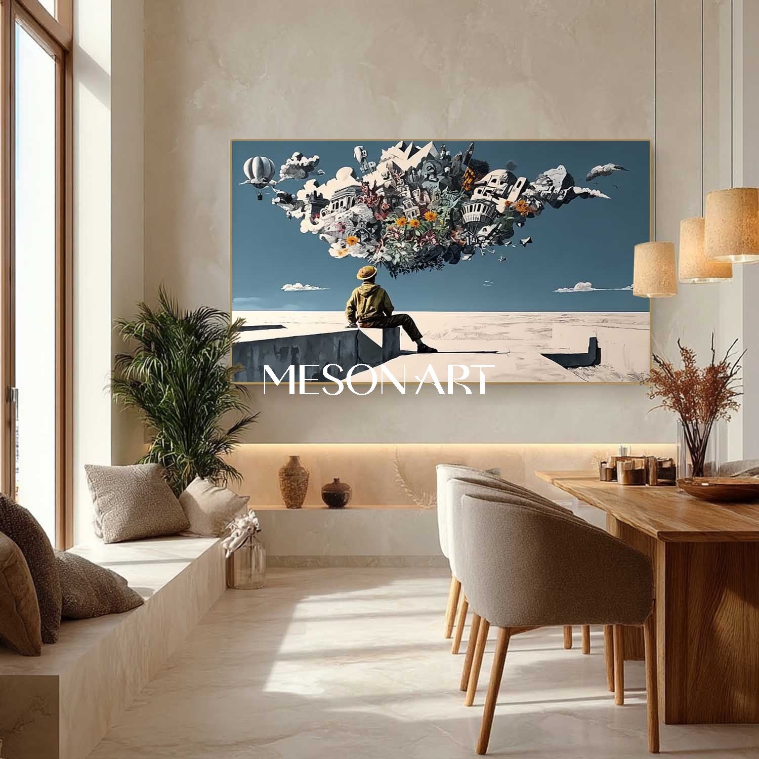 Surreal Boy and City Wall Art Floating City Balloons Painting Funny Surrealism Urban Scene