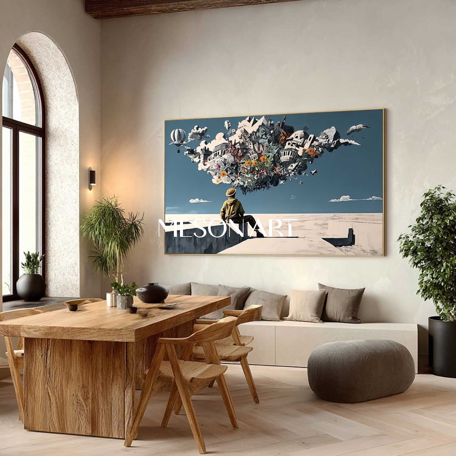 Surreal Boy and City Wall Art Floating City Balloons Painting Funny Surrealism Urban Scene