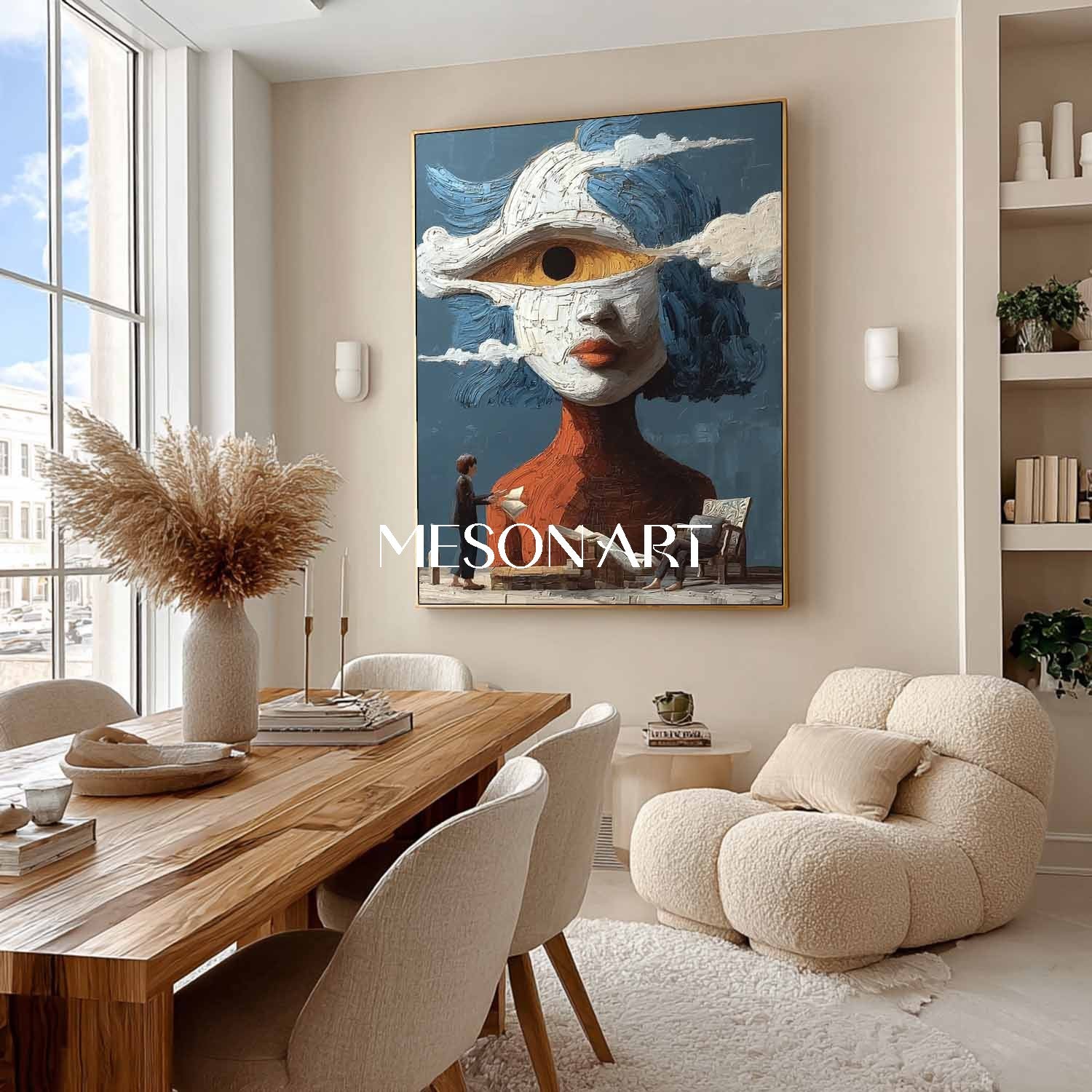 Fantasy Face in the Clouds – Conceptual Surrealist Painting with Blue Backdrop