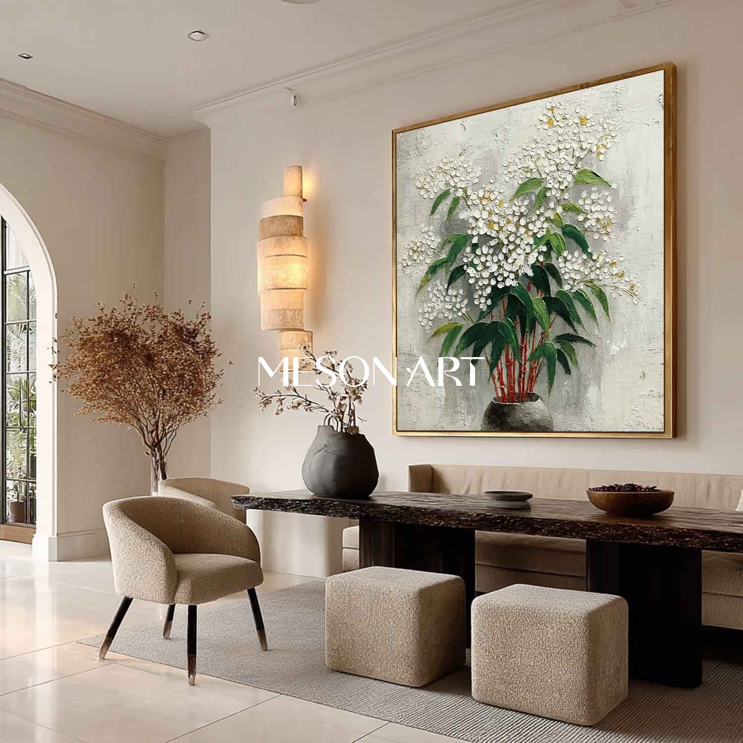 Neutral Tone Flower Wall Decor Square Floral Wall Art Abstract Floral Art for Minimalist Homes