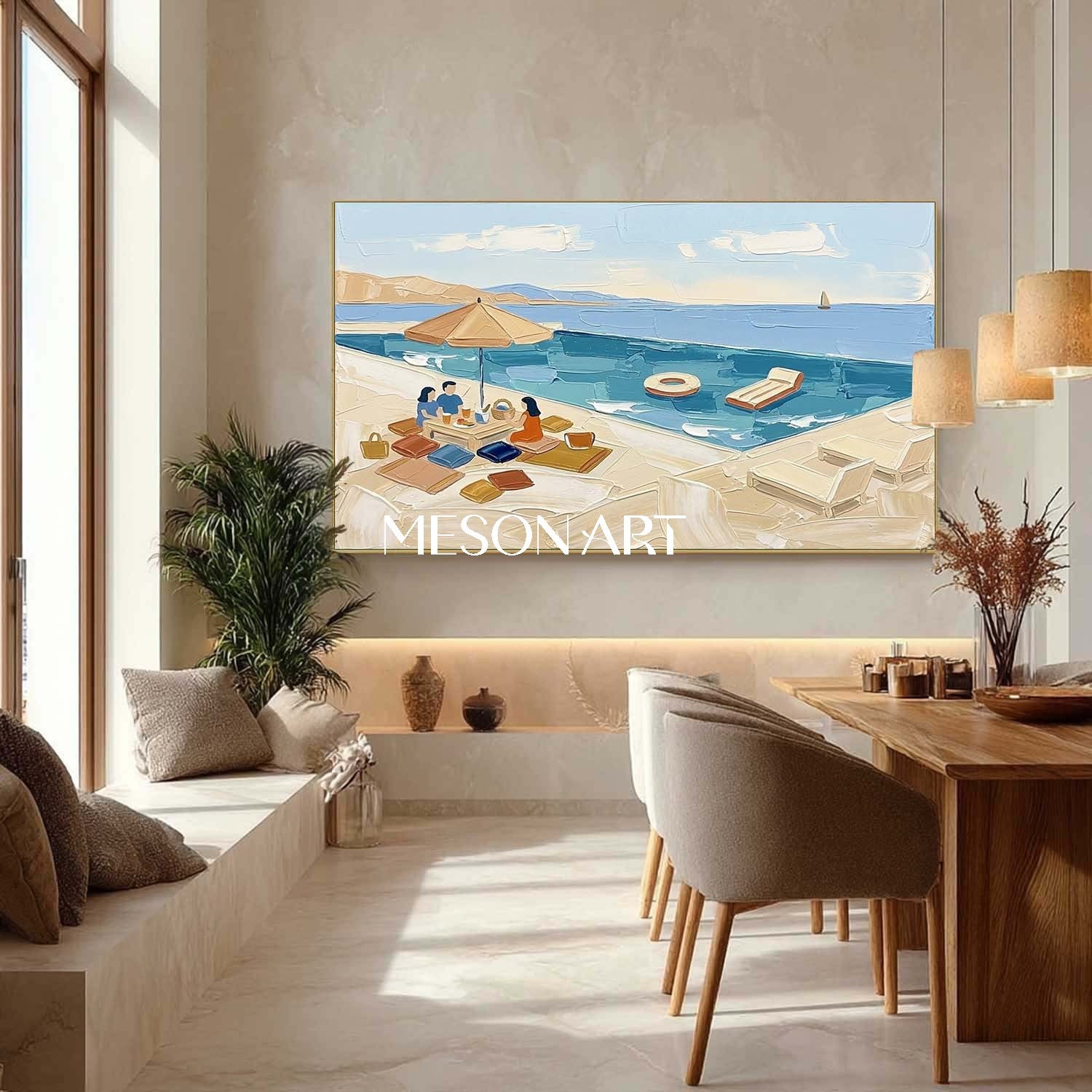 Coastal Pool Picnic Impasto Painting Textured Wall Art Summer Coastal Resort Living Room Bedroom Decor