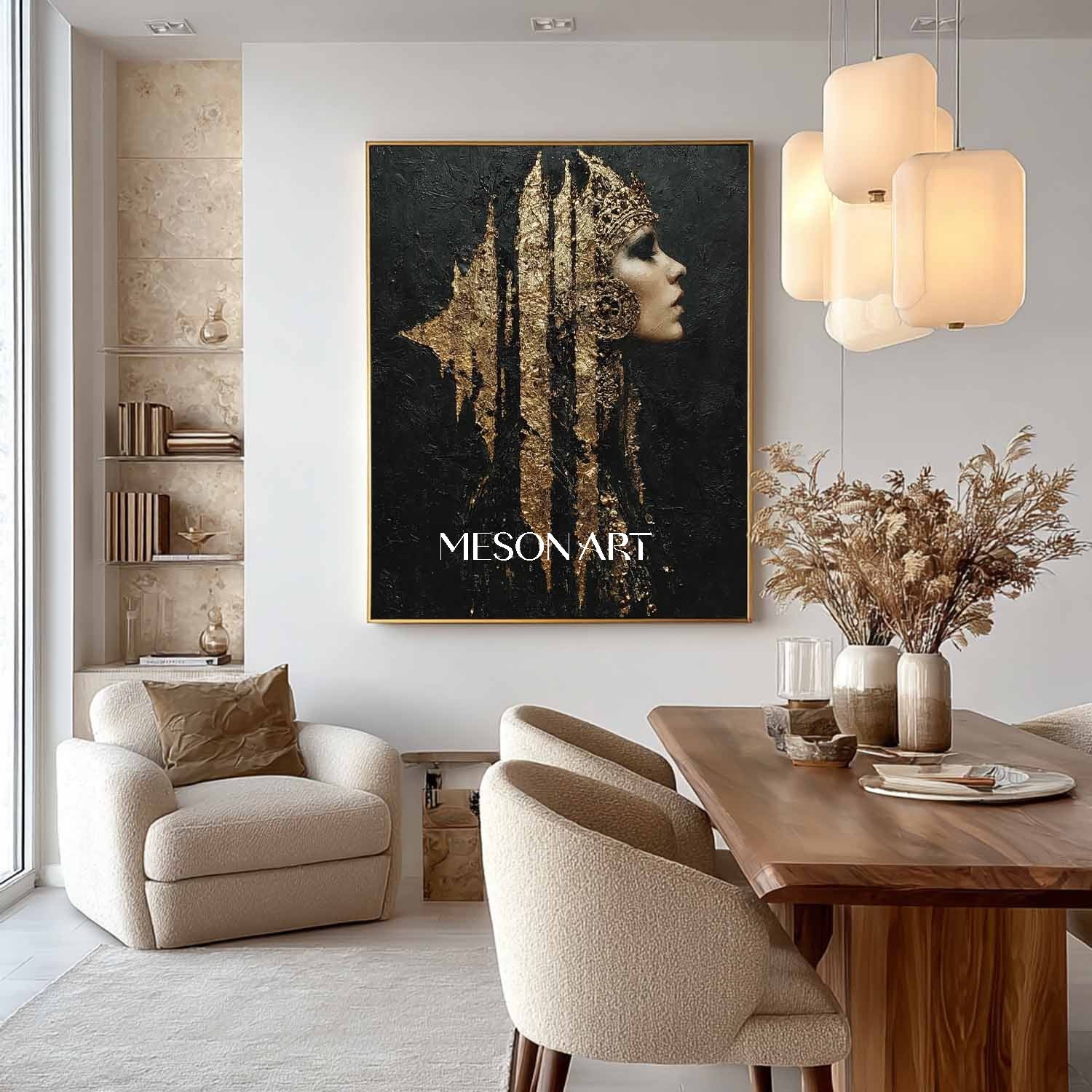 Pretty Woman Portrait Texture Paintings Black and Gold Lady Abstract Portrait Canvas Art for Sale