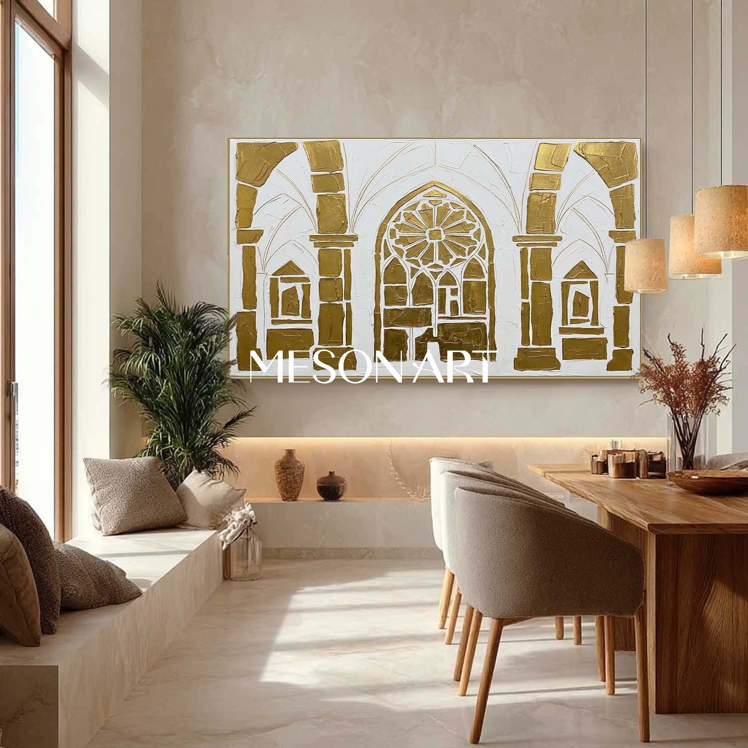 Gothic Arch Geometric Painting Modern Gold 3D Textured Architectural Canvas Wall Art