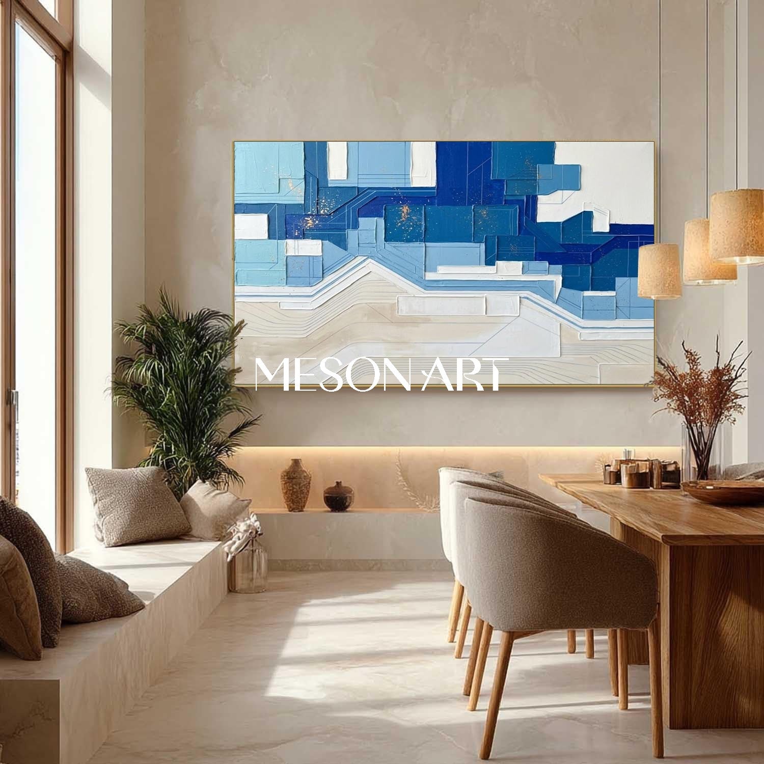 Coastal Modern Wall Decor Blue Abstract Geometric Painting Navy Blue Minimalist Art