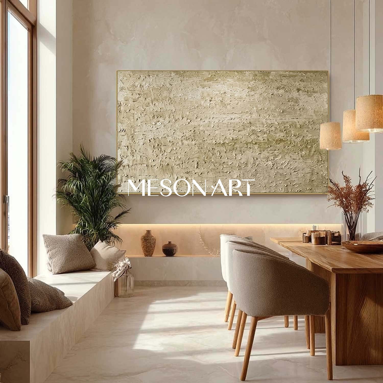 MesonArt Beige 3D Textured Canvas Wall Art | Modern Plaster Painting
