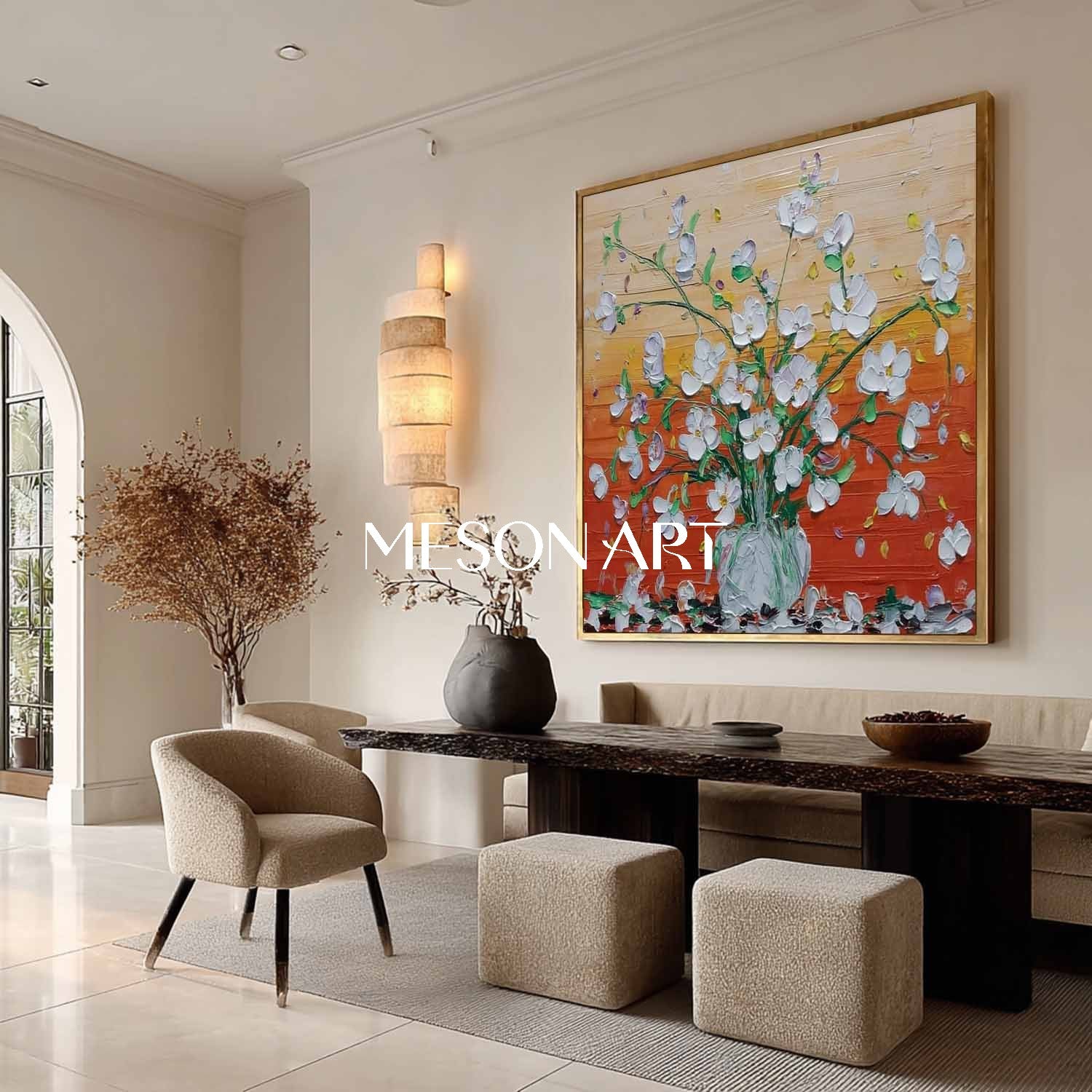 Hand-Painted Abstract Flower Painting on Canvas – Bedroom Wall Decor by Mesonart