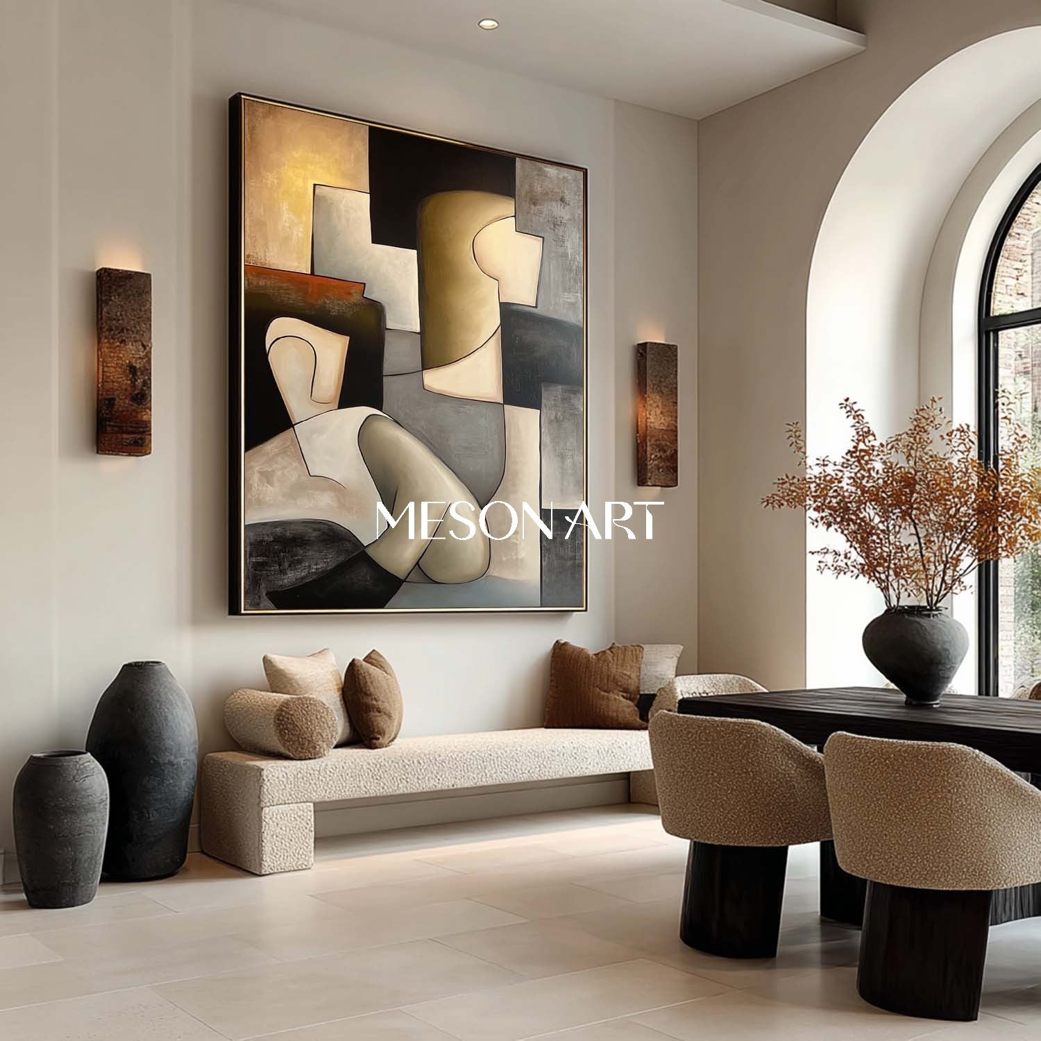 Large Picasso Style Cubist Oil Painting Black Gold Wall Art Bathroom