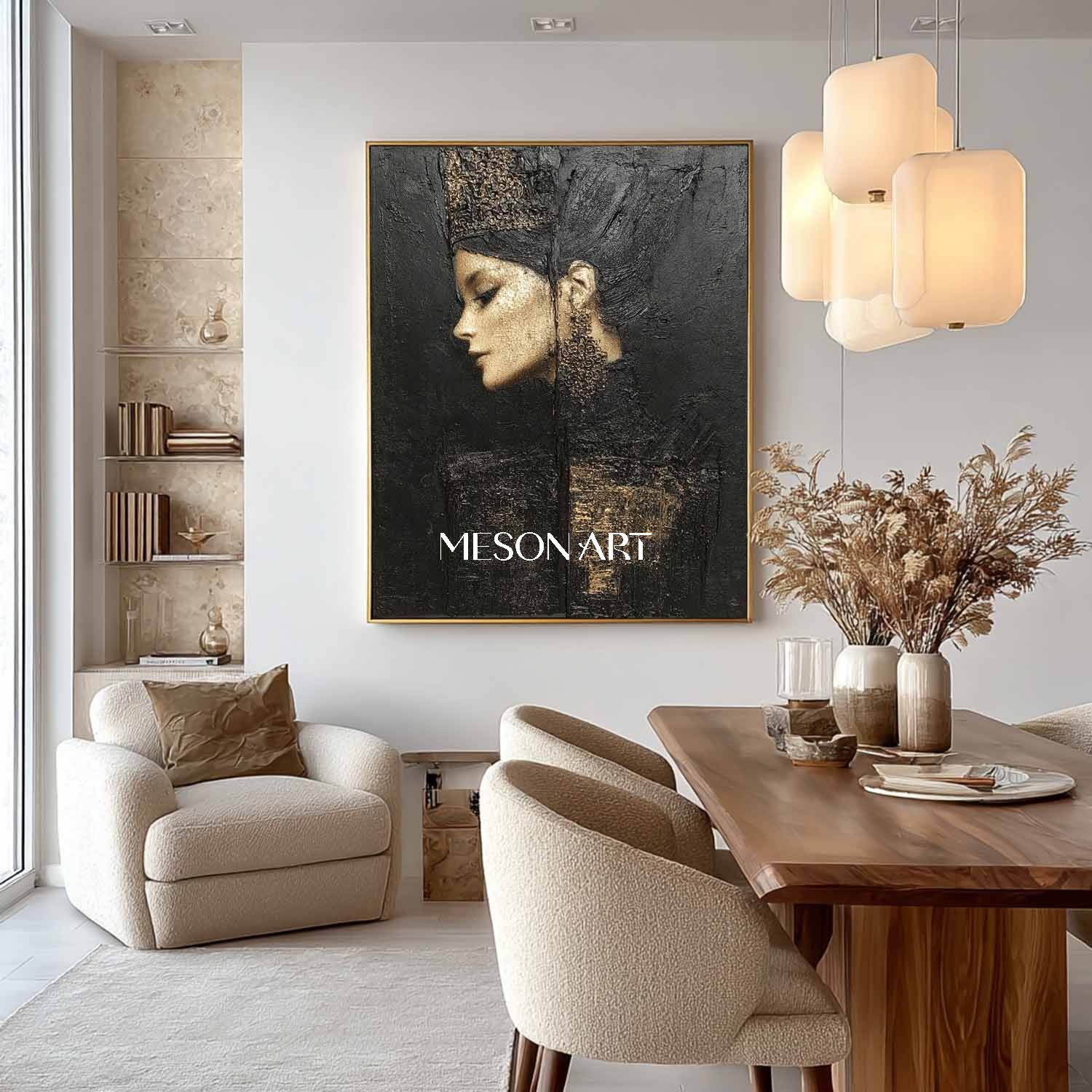Pretty Woman Abstract Portrait Painting Black and Gold Lady Portrait Textured Canvas Art for Sale