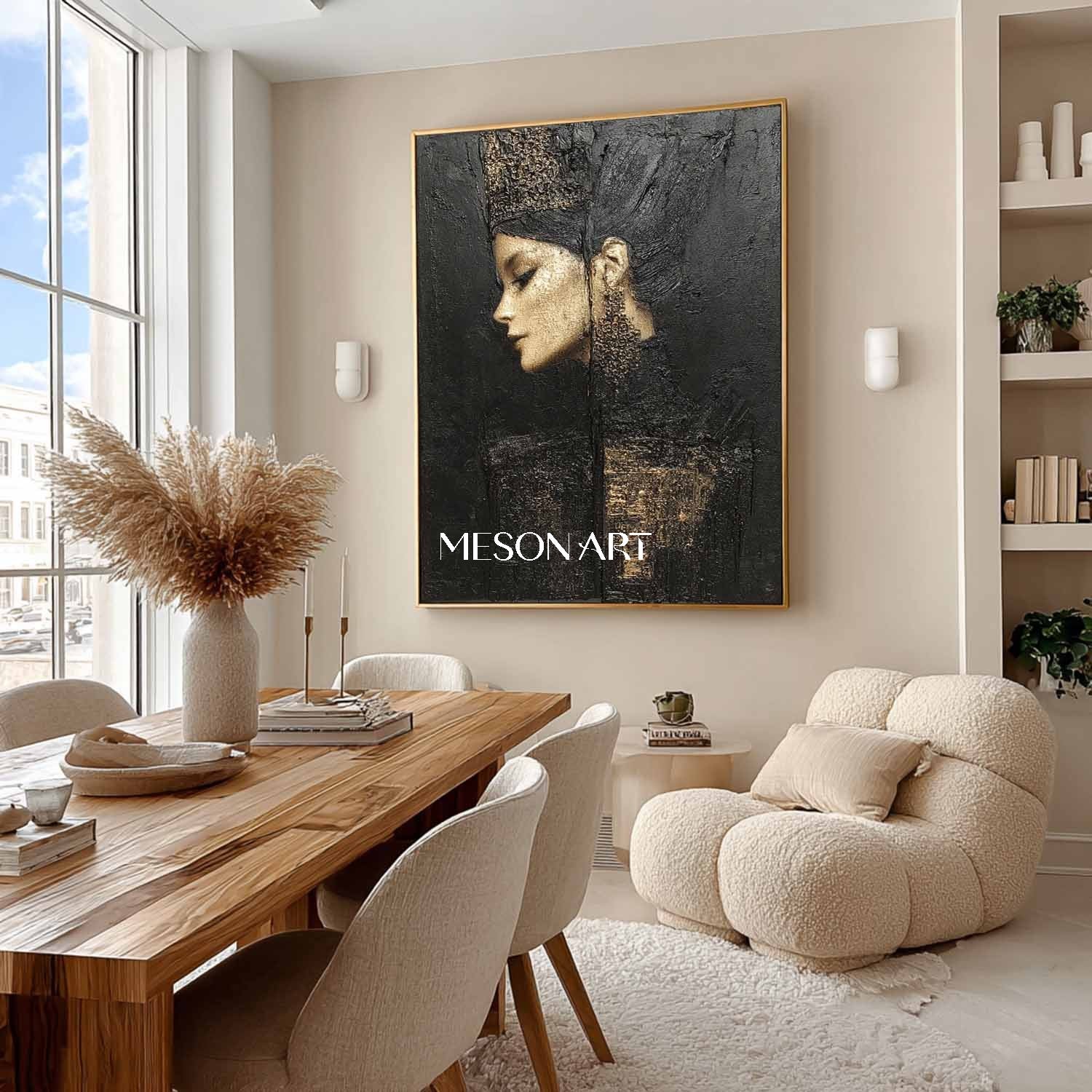 Pretty Woman Abstract Portrait Painting Black and Gold Lady Portrait Textured Canvas Art for Sale