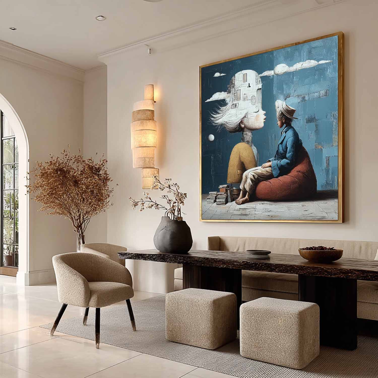Books as Floor, Thoughts as Castles – Whimsical Surrealist Canvas by Mesonart