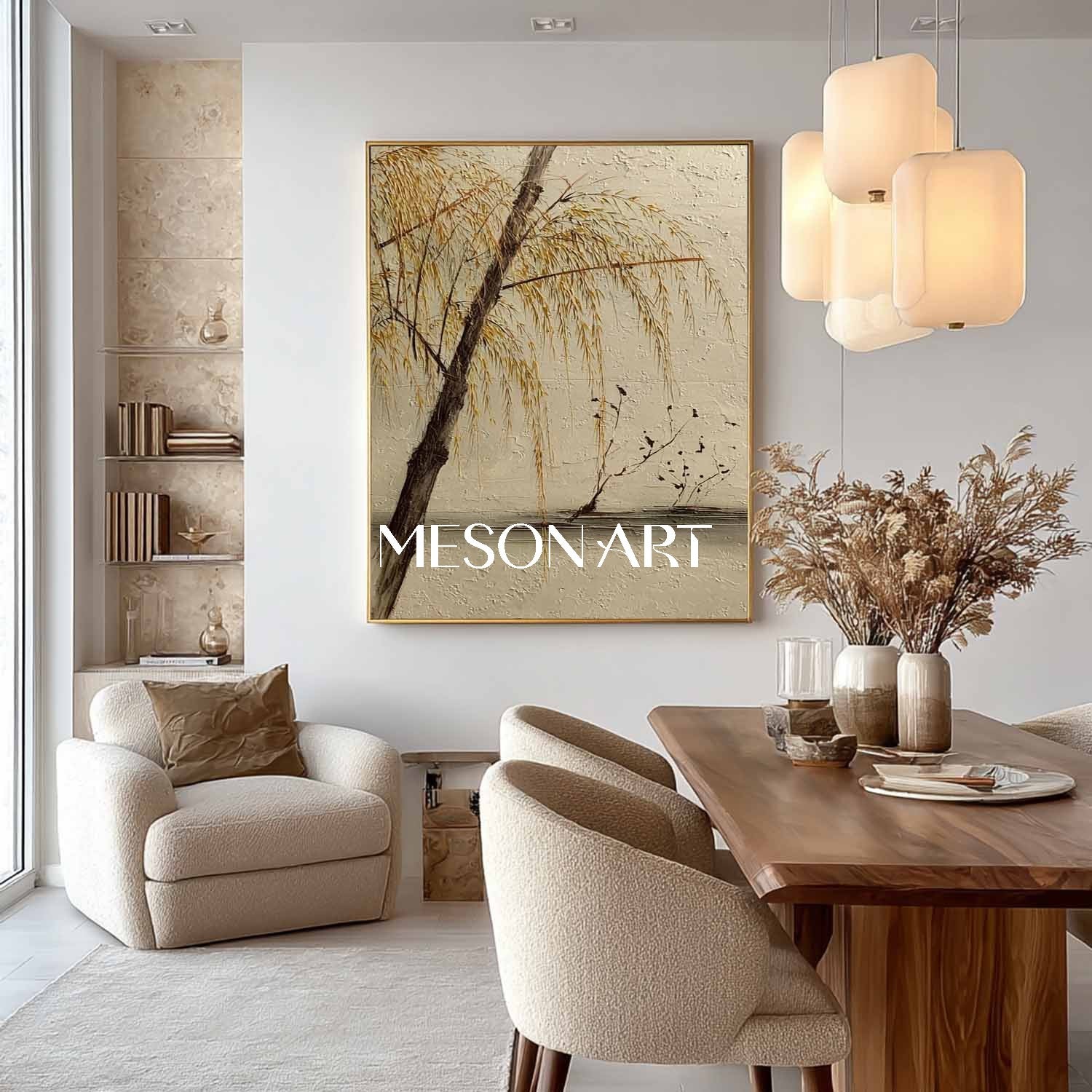 Modern Zen-Inspired Nature Painting – Willow Scene on Textured Canvas | Mesonart