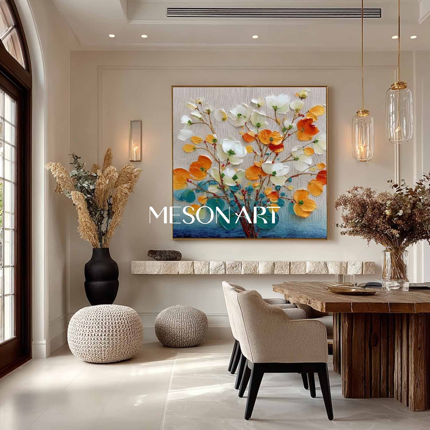 Contemporary Botanical Wall Art – Hand-Painted Flower Canvas |Mesonart