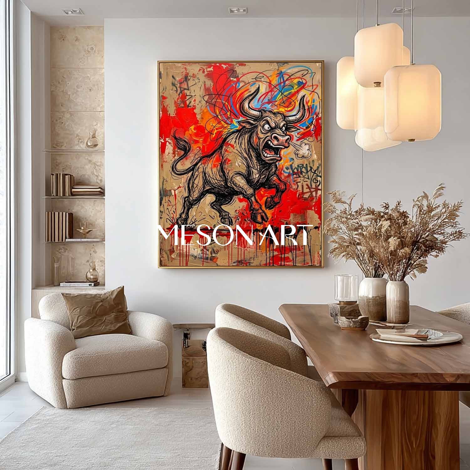 MesonArt Abstract Charging Bull Canvas Painting Red Graffiti Plaster Textured Wall Art for Modern Office Decor