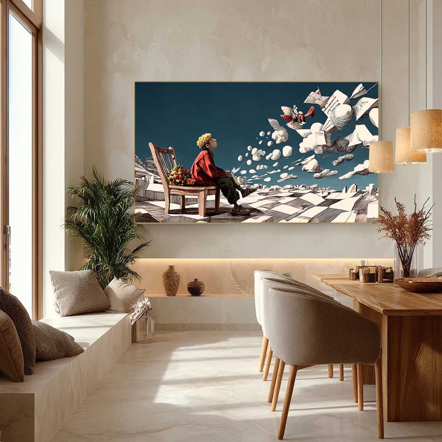 Surreal Boy on Chair with Flying Paper Floor – Conceptual Cloud Art | Mesonart