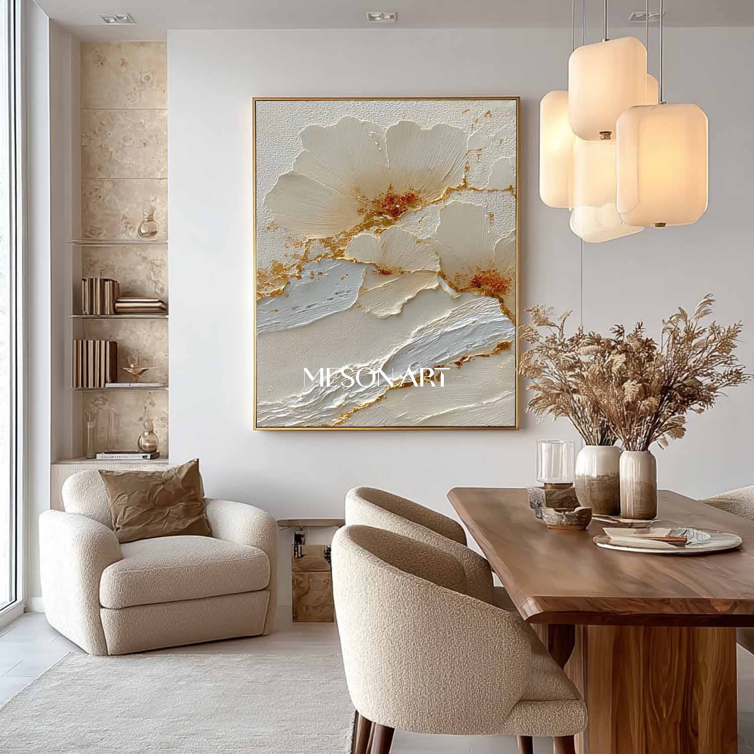 Gold and white flowers plaster art white flowers wall art decor Flowers texture canvas painting