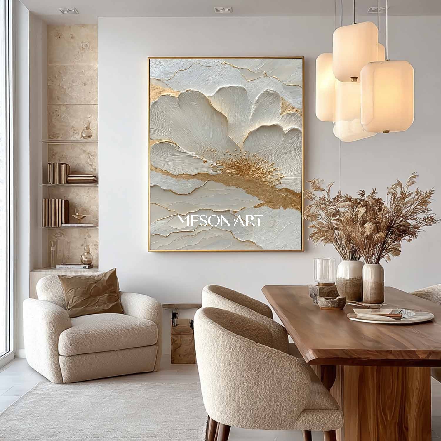 White Flower Art Decoration Gold and White Flowers Plaster Art Canvas Flower Texture Wall Painting