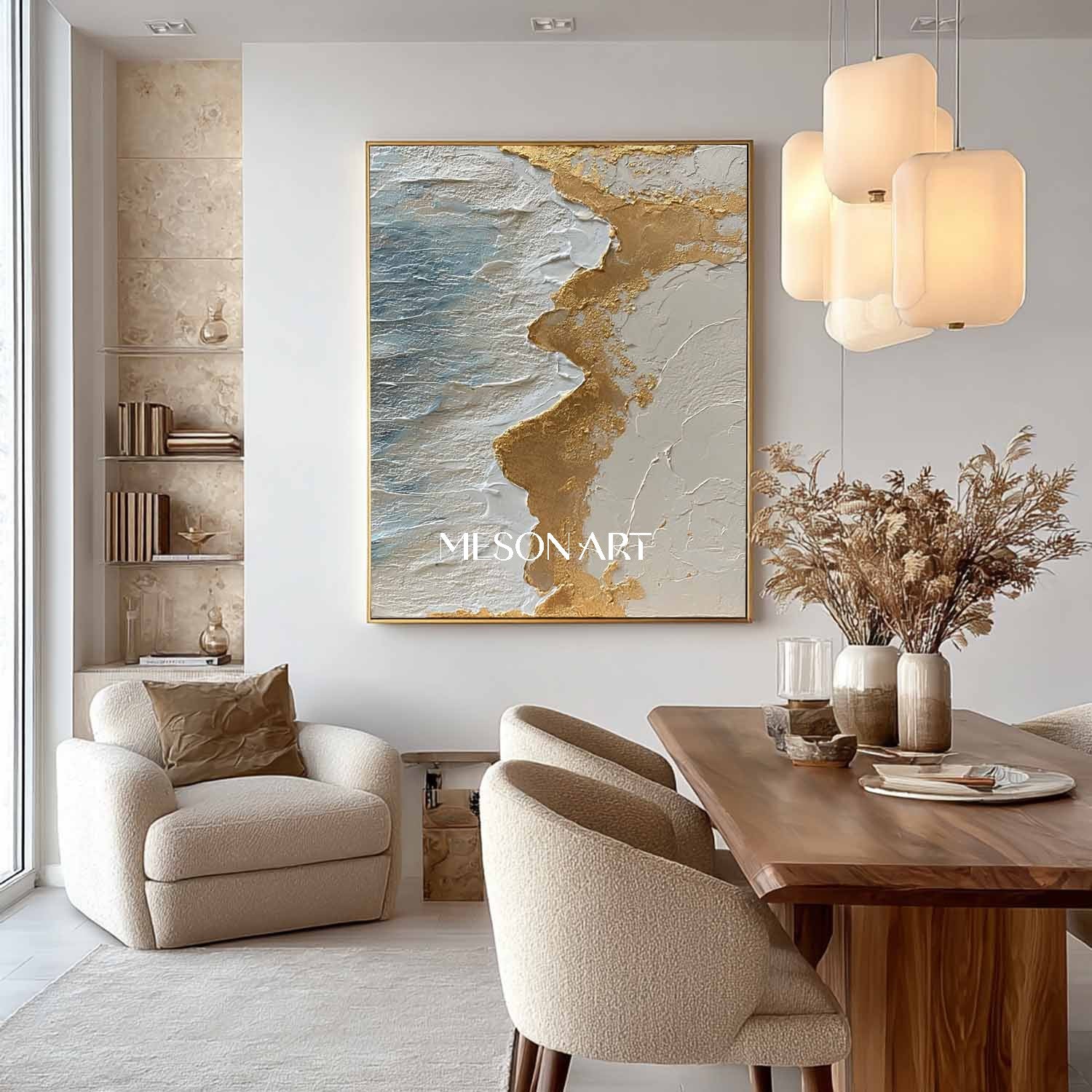 Gold and white ocean waves beach abstract canvas art Ocean waves wall painting decoration ideas
