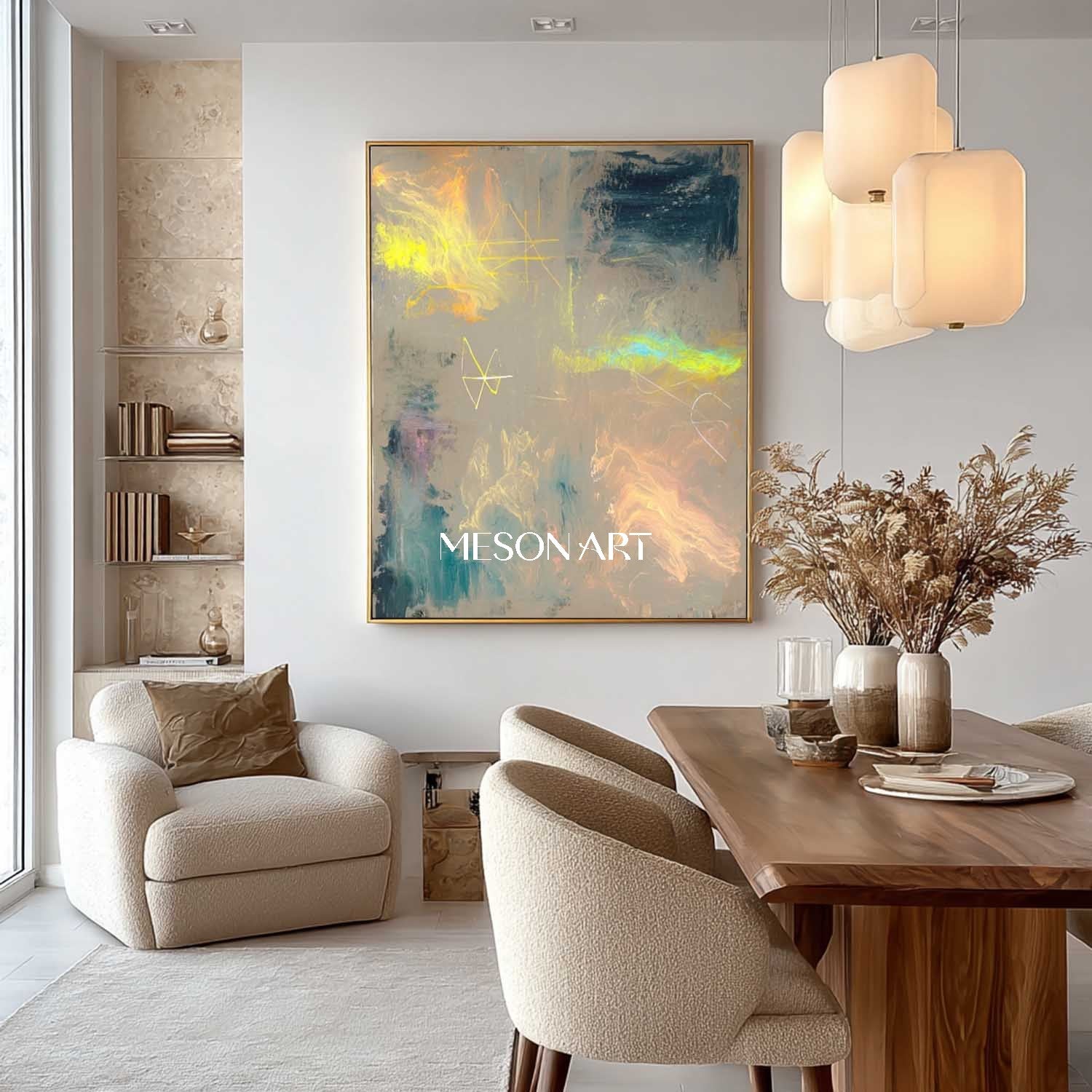 Large Gold and light blue abstract canvas art for sale modern wall art decor gold abstract art