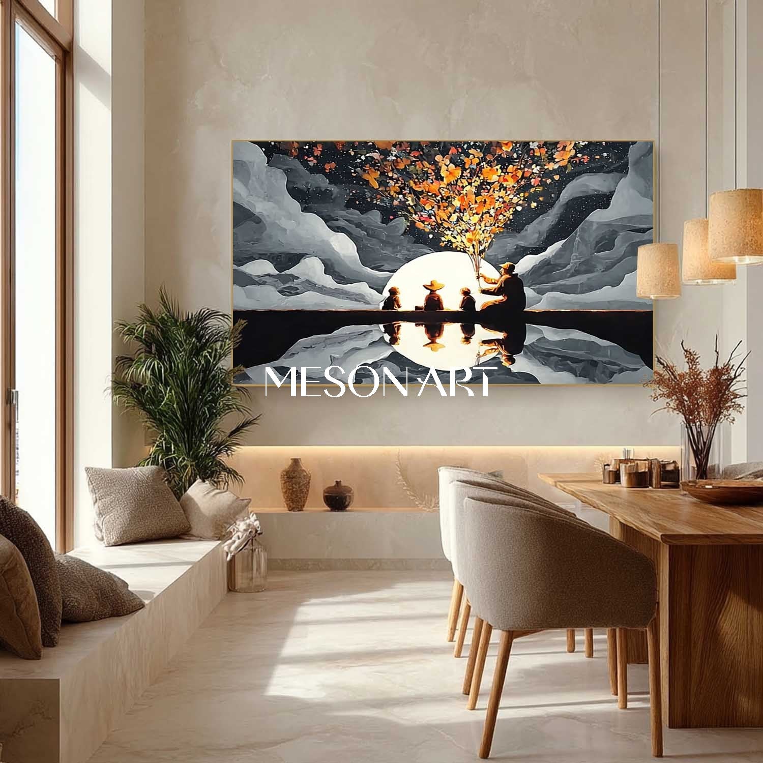 Surreal Moonlight Fireworks with Grandpa and Children – Dreamlike Family Art | Mesonart