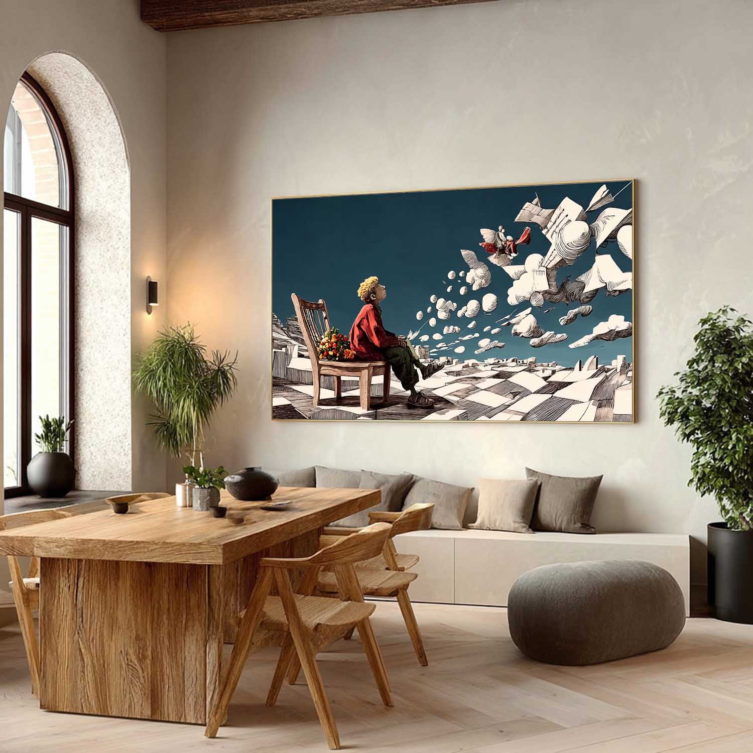 Surreal Boy on Chair with Flying Paper Floor – Conceptual Cloud Art | Mesonart