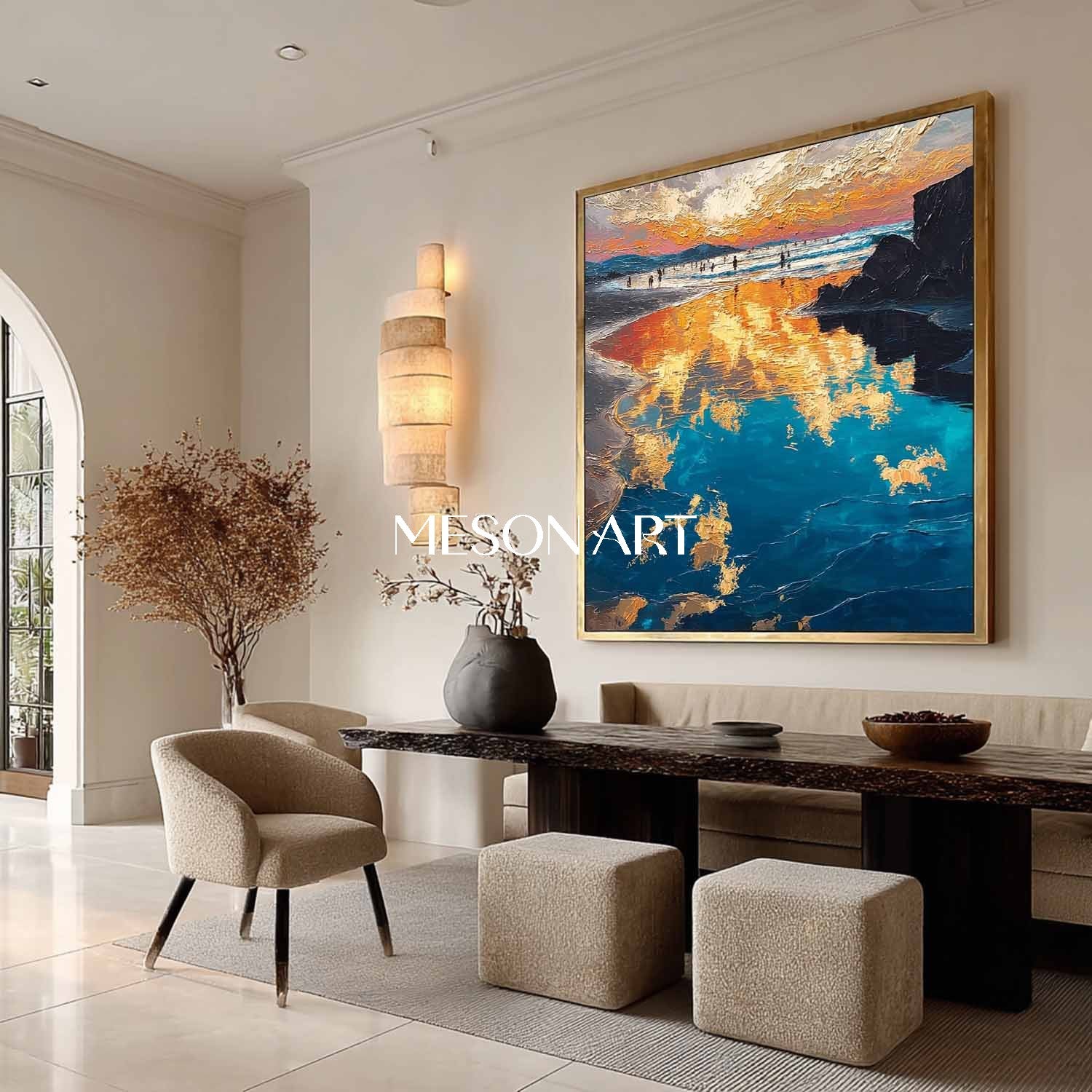 Seaside Holiday Painting Yellow and Gold Coastal Landscape Art Beach Art for Living Room