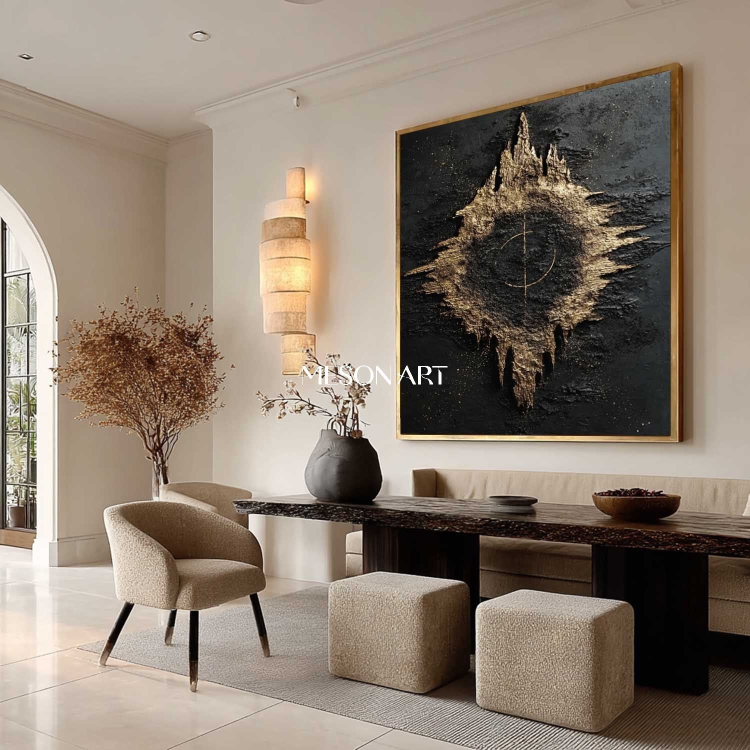 Universe starry sky abstract art Black and gold texture painting Luxury wall decoration idea