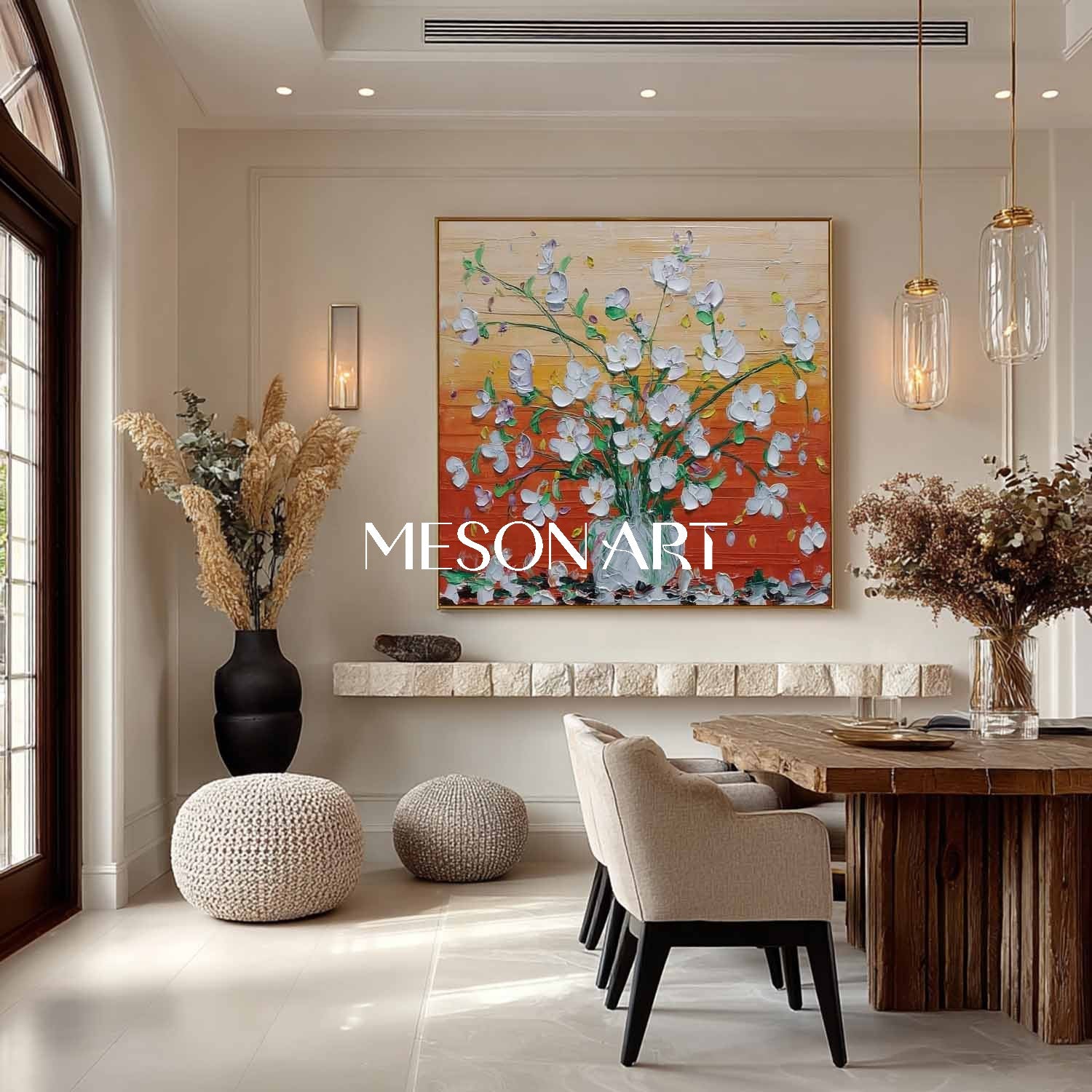 Hand-Painted Abstract Flower Painting on Canvas – Bedroom Wall Decor by Mesonart
