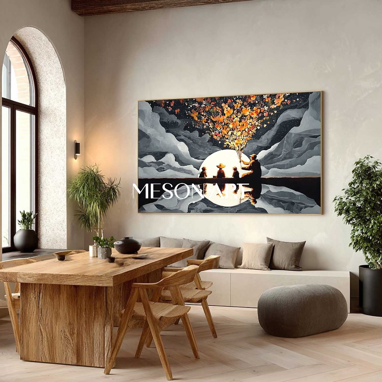 Surreal Moonlight Fireworks with Grandpa and Children – Dreamlike Family Art | Mesonart
