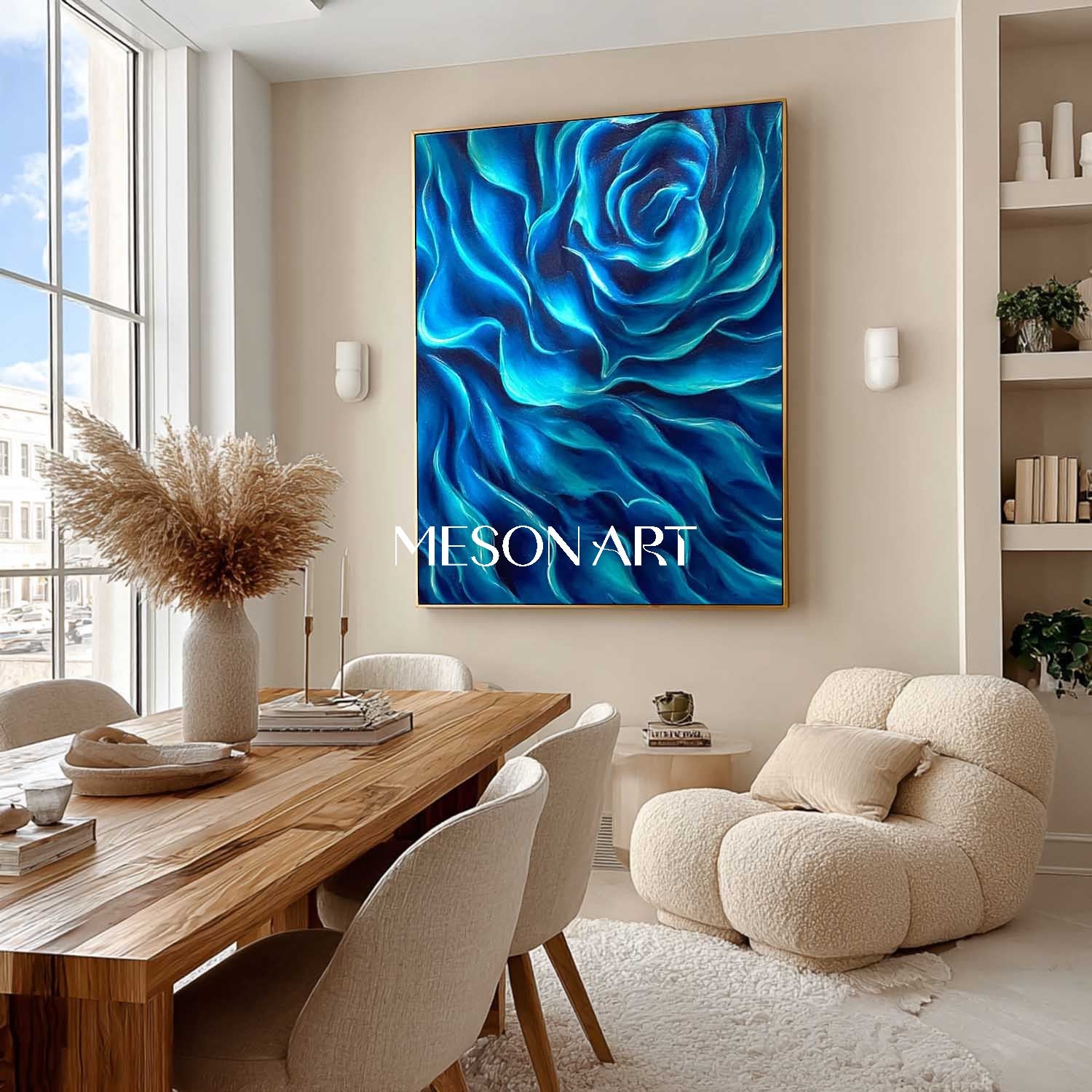 Blue Waves Abstract Flower Painting Modern Art on Canvas Wall Decor