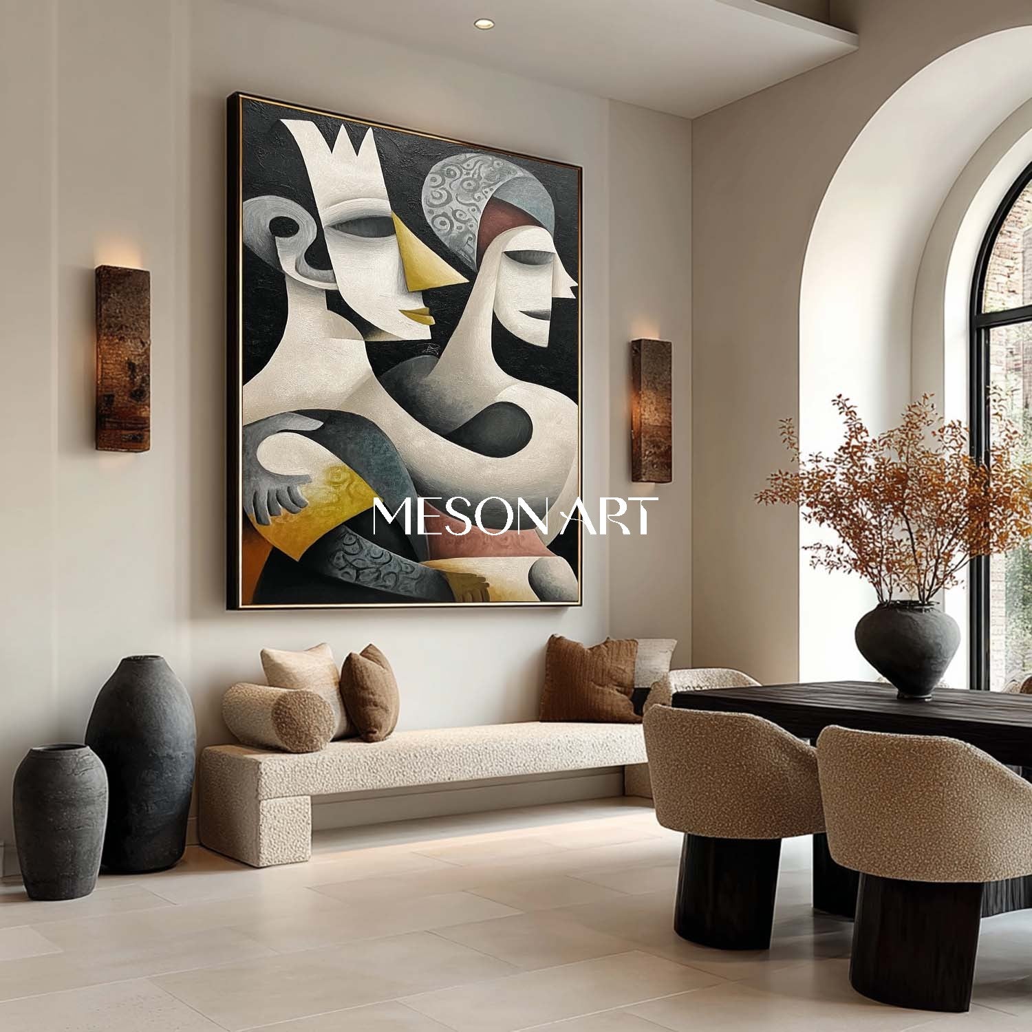 Oversized Black Abstract Art Vertical Canvas Cubist Hallway Wall Decor