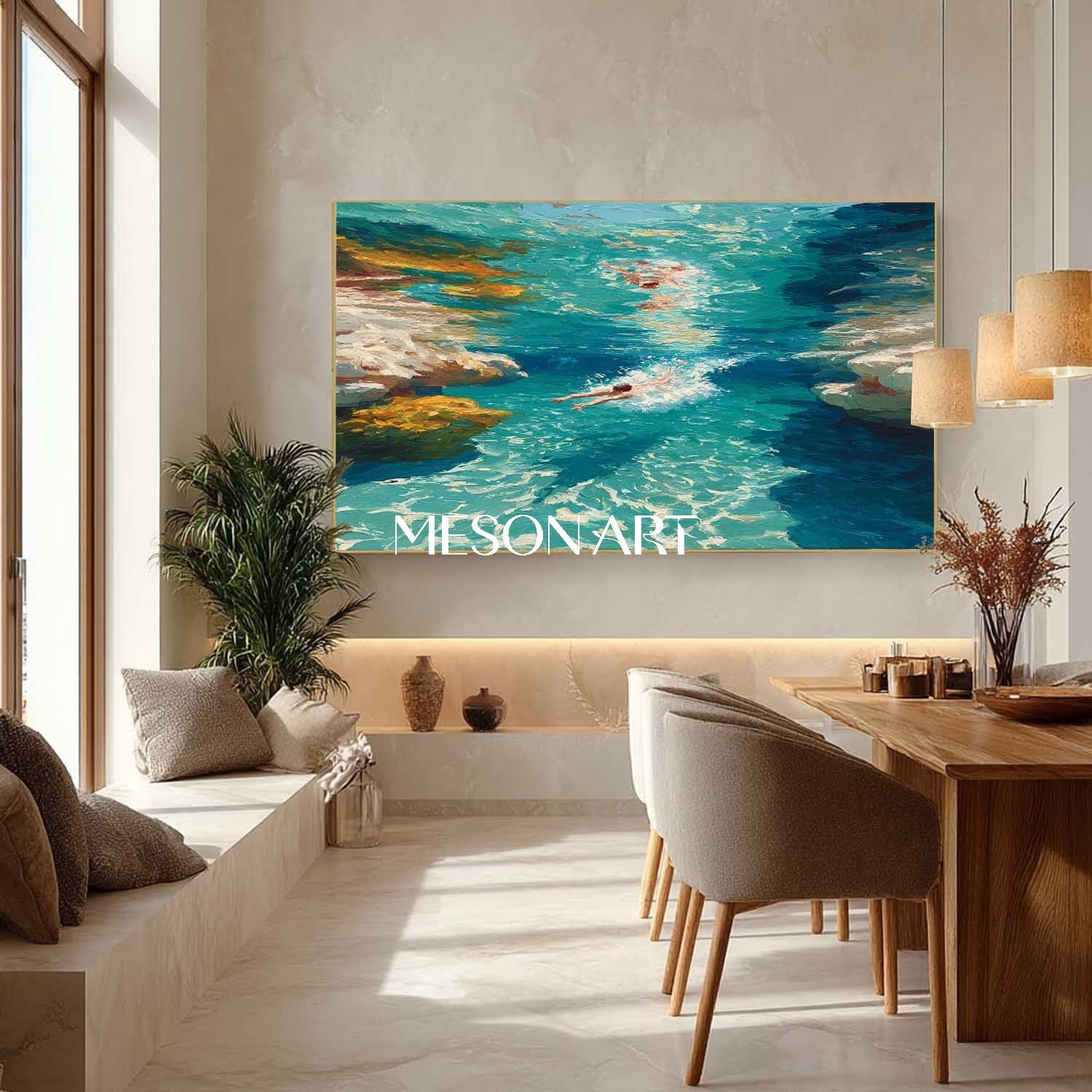 Ocean Swimming Painting Modern Pool Wall Decor Sunny Poolside Canvas Art