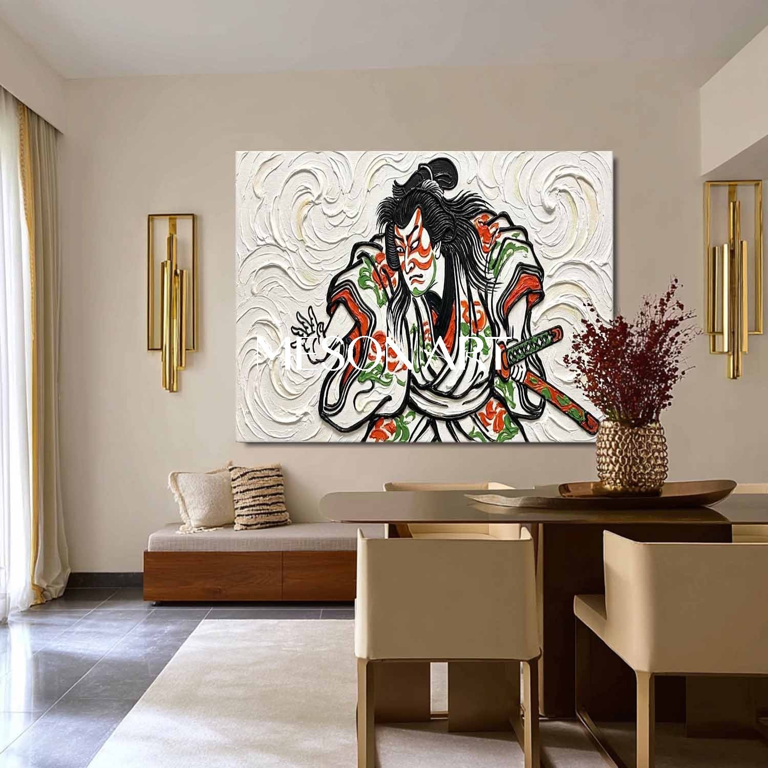 Handmade 3D Textured Kabuki Warrior Oil Painting On Canvas, Heavy Impasto Plaster Japanese Samurai Wall Art For Living Room