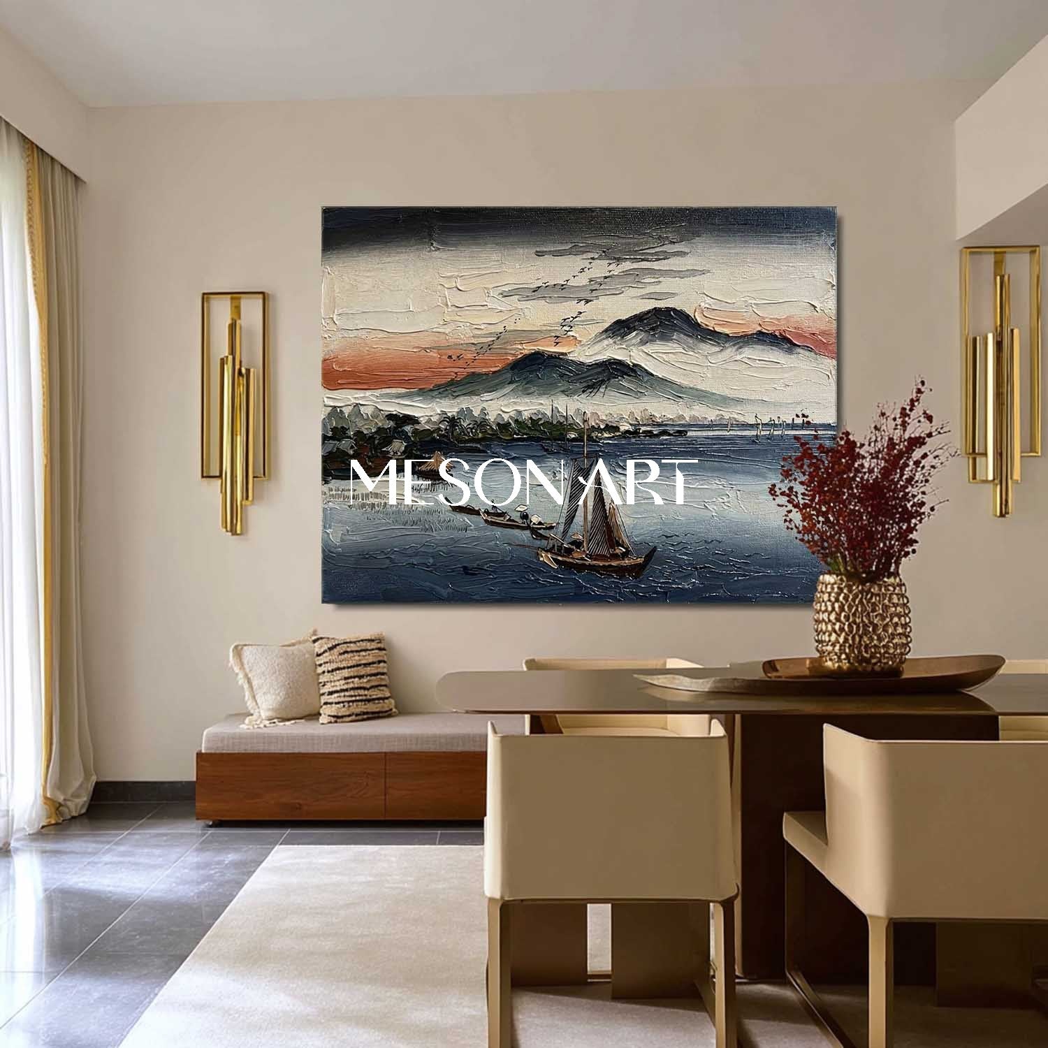 Textured Asian Seascape - 3D Impasto Sunset Boat Oil Painting