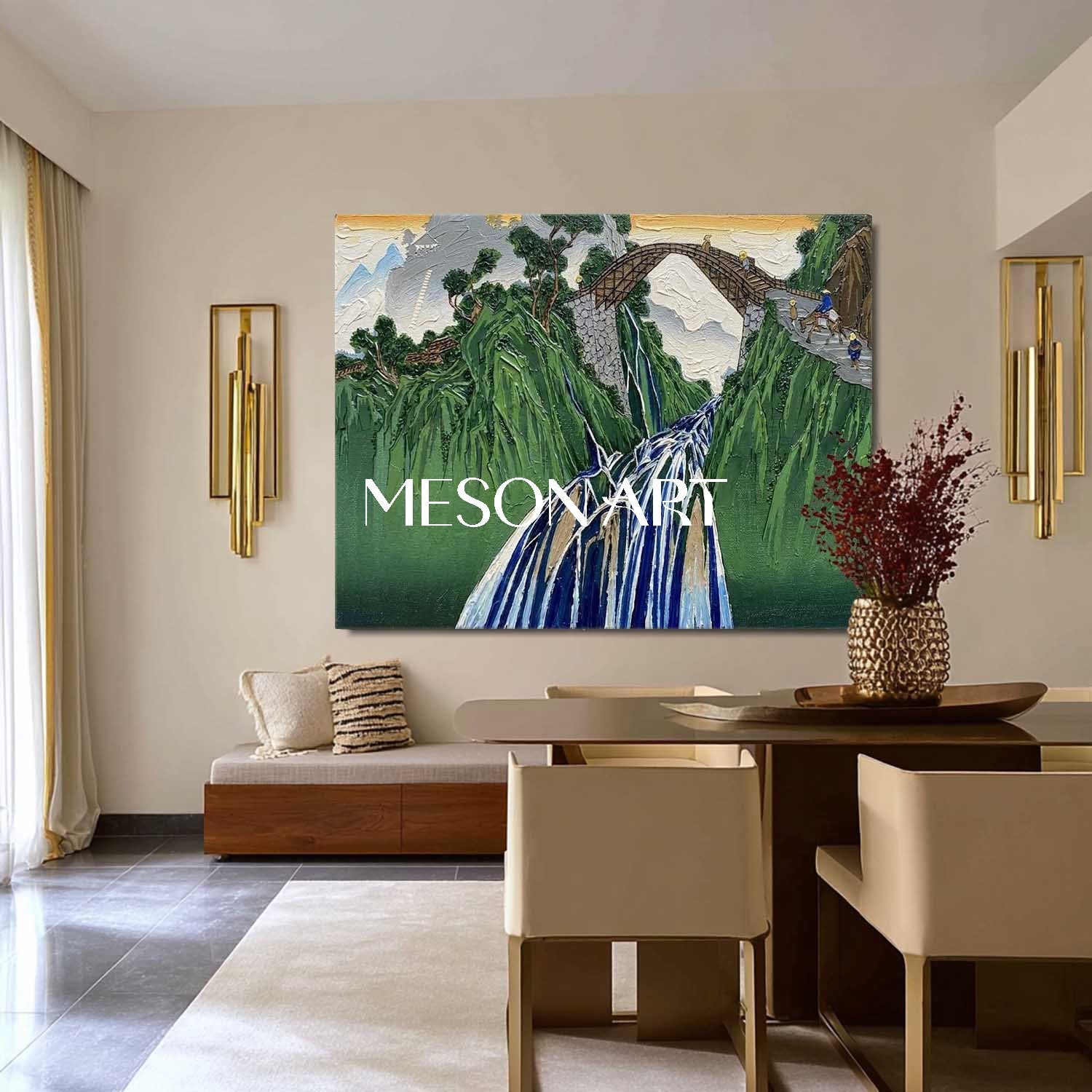 MesonArt 3D Textured Green Mountain & Bridge Oil Painting - Impasto Waterfall Landscape Wall Art