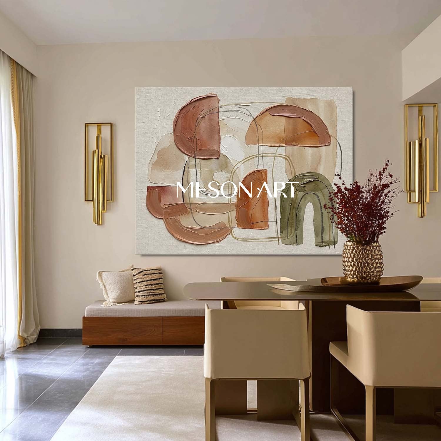 Boho Minimalist Canvas Painting Impasto Art with Lines Scandi Boho Home Decor