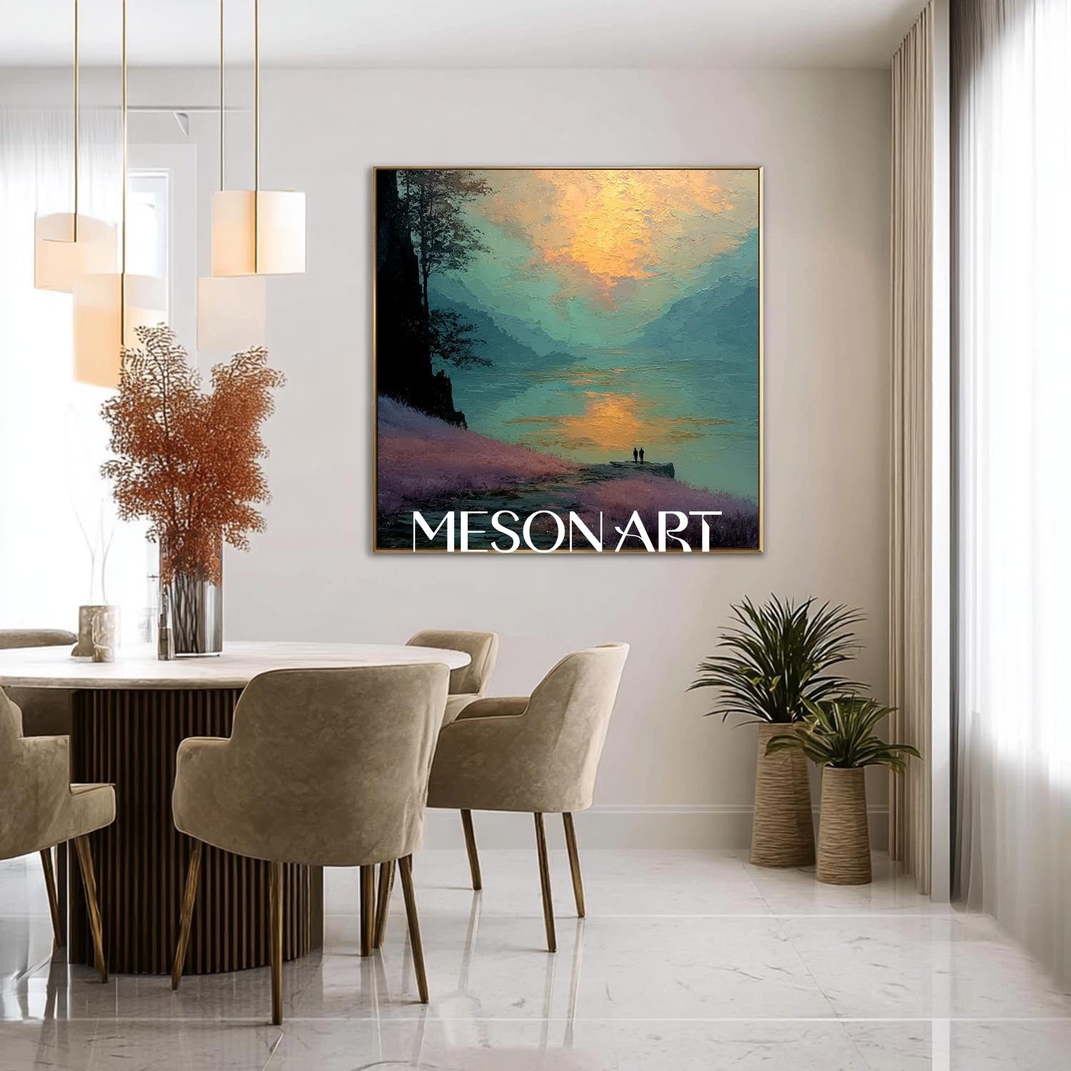 Textured Landscape Canvas – Romantic Sunset Lake Wall Art Decor