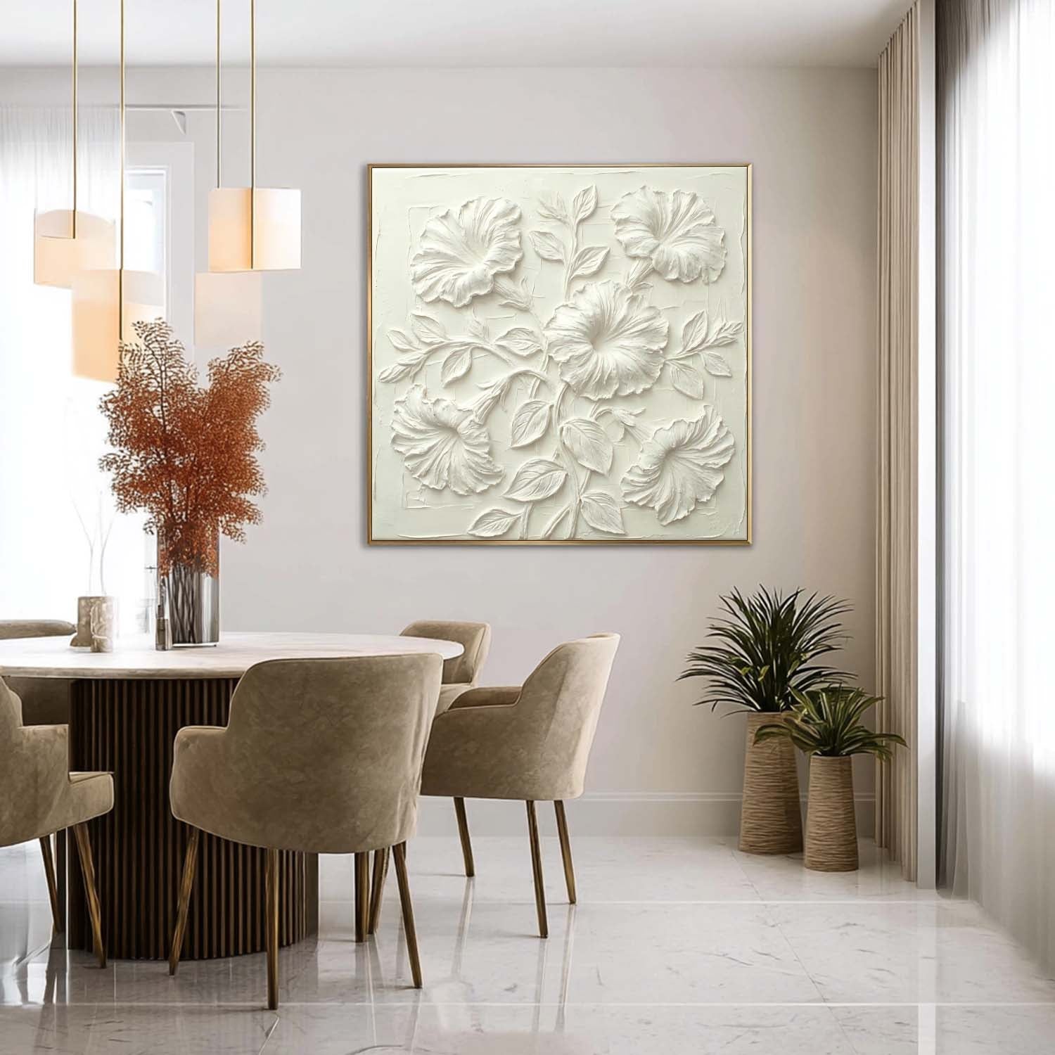 Gold Framed 3D White Petunia Art | Textured Trumpet Flower Decor