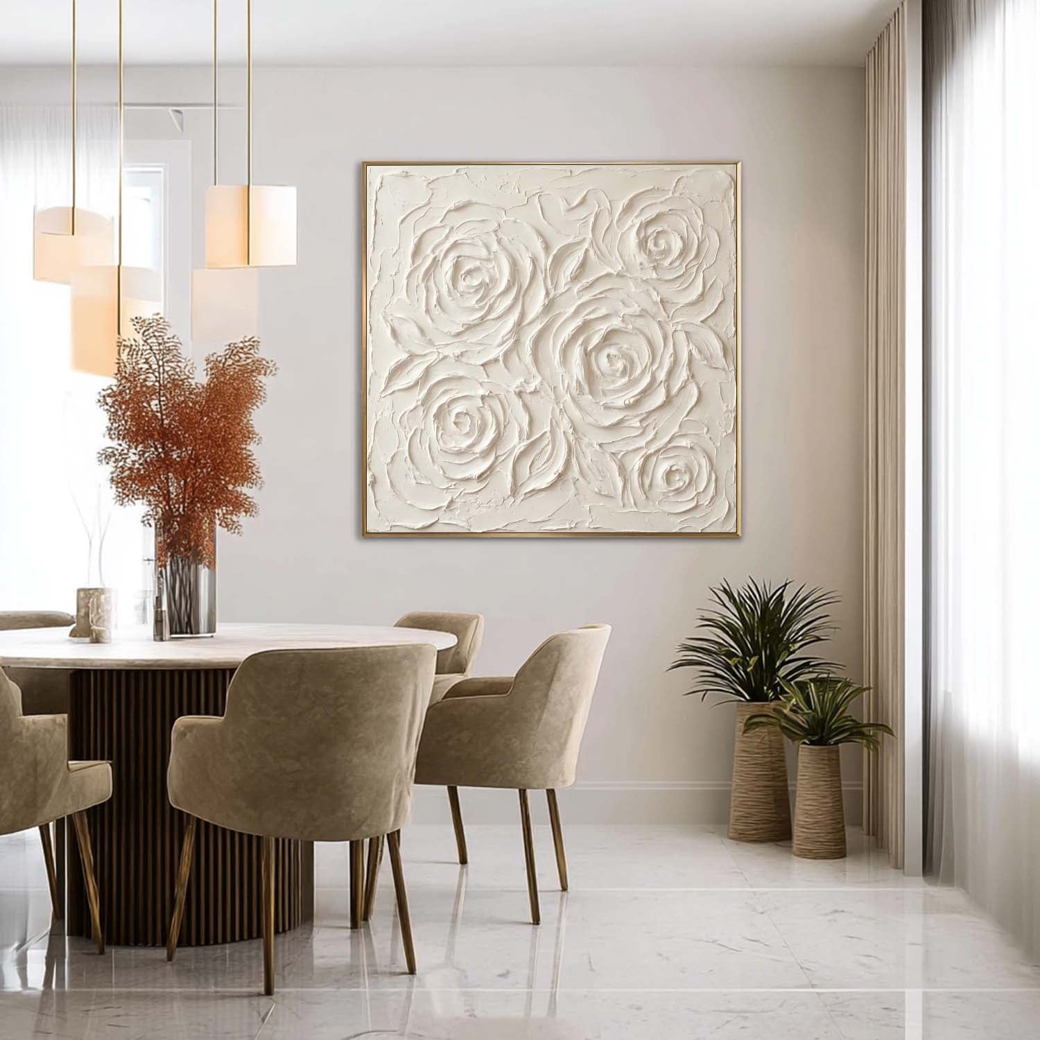 Square 3D Textured Rose Canvas With Gold Floating Frame Elegant Minimalist Decor For Bedroom