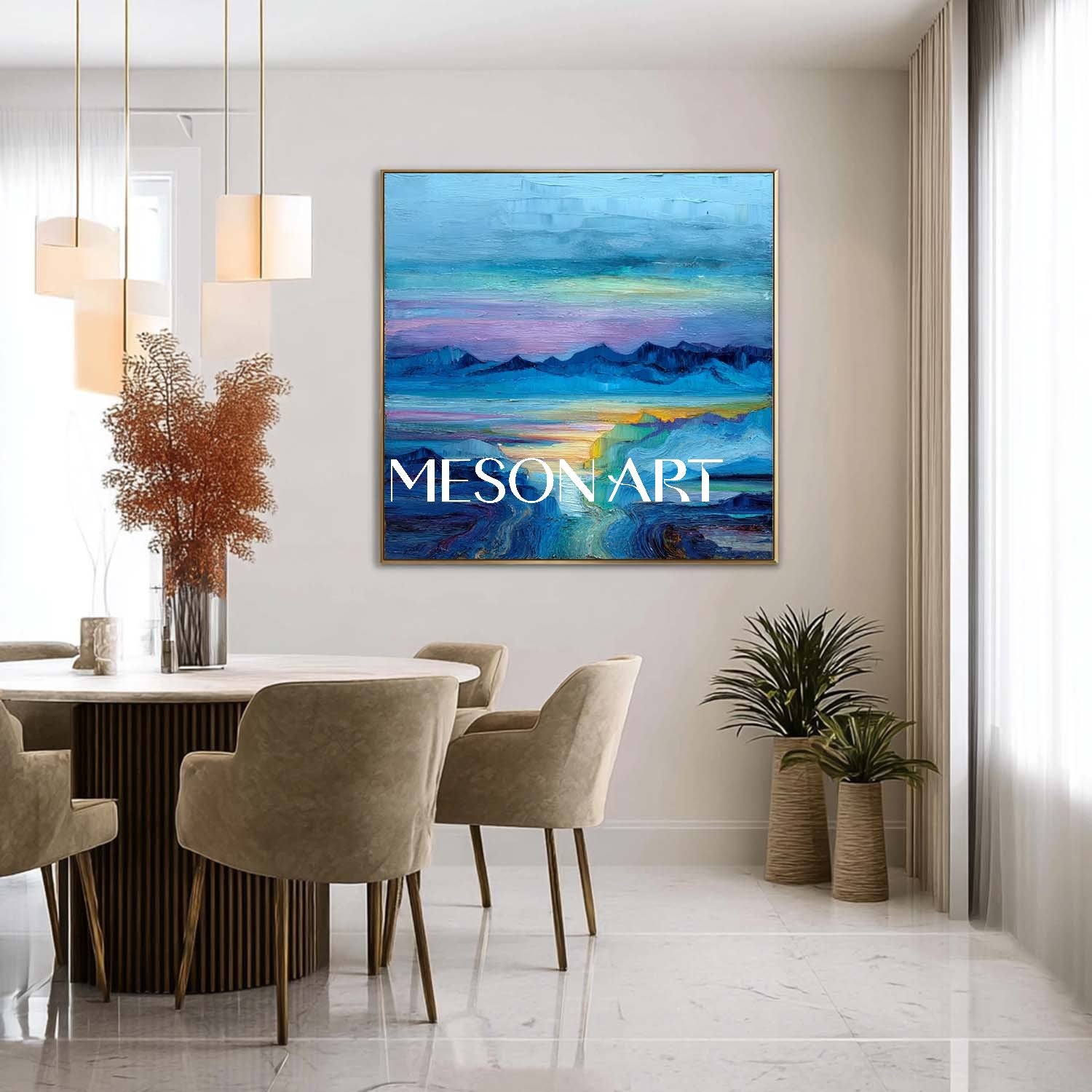 Hazy Horizon Canvas Art – Abstract Mountain and Ocean Wall Decor