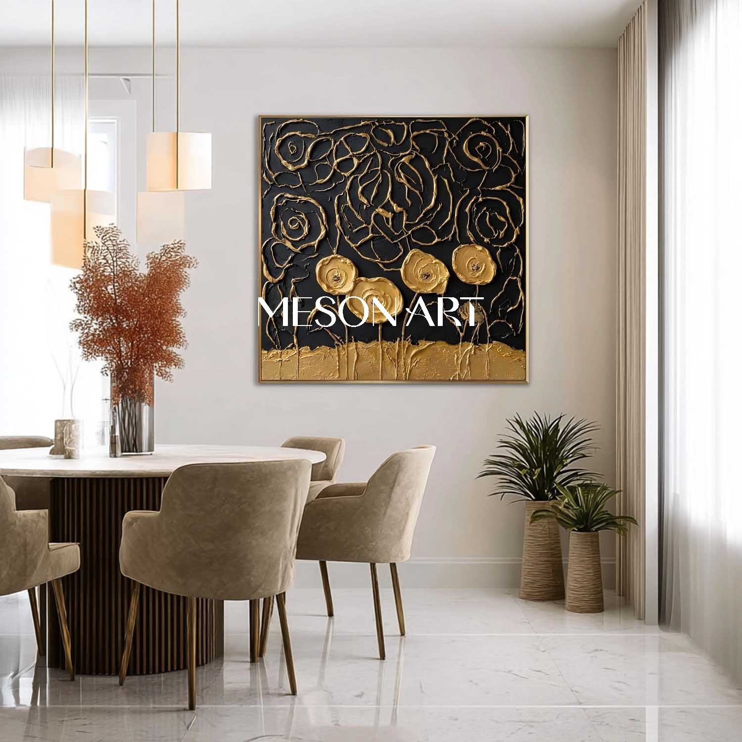 Black And Gold Abstract Rose Swirl Art | 3D Line Texture Decor