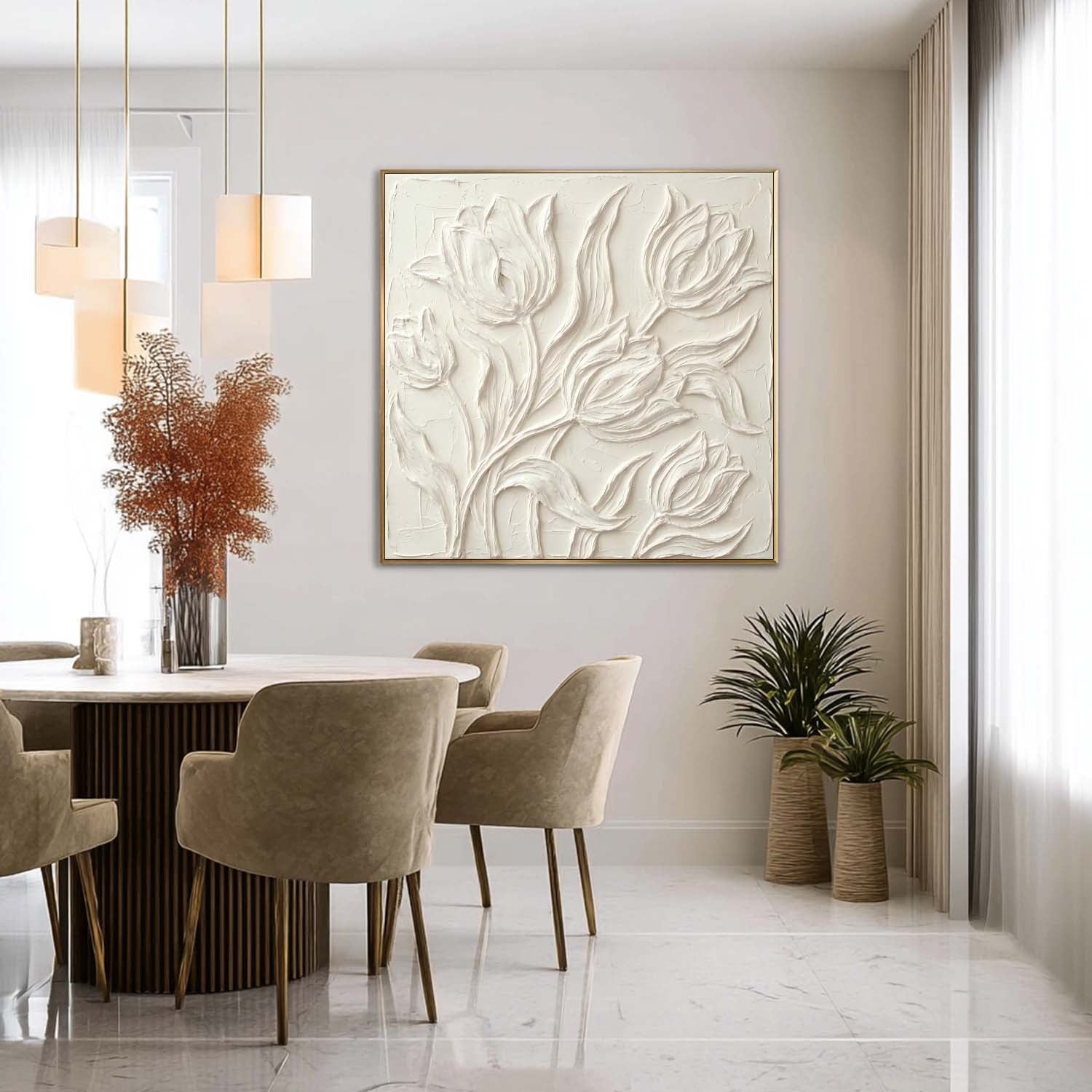 White Tulip Oil Painting, Square 3D Textured Floral Canvas With Gold Floating Frame