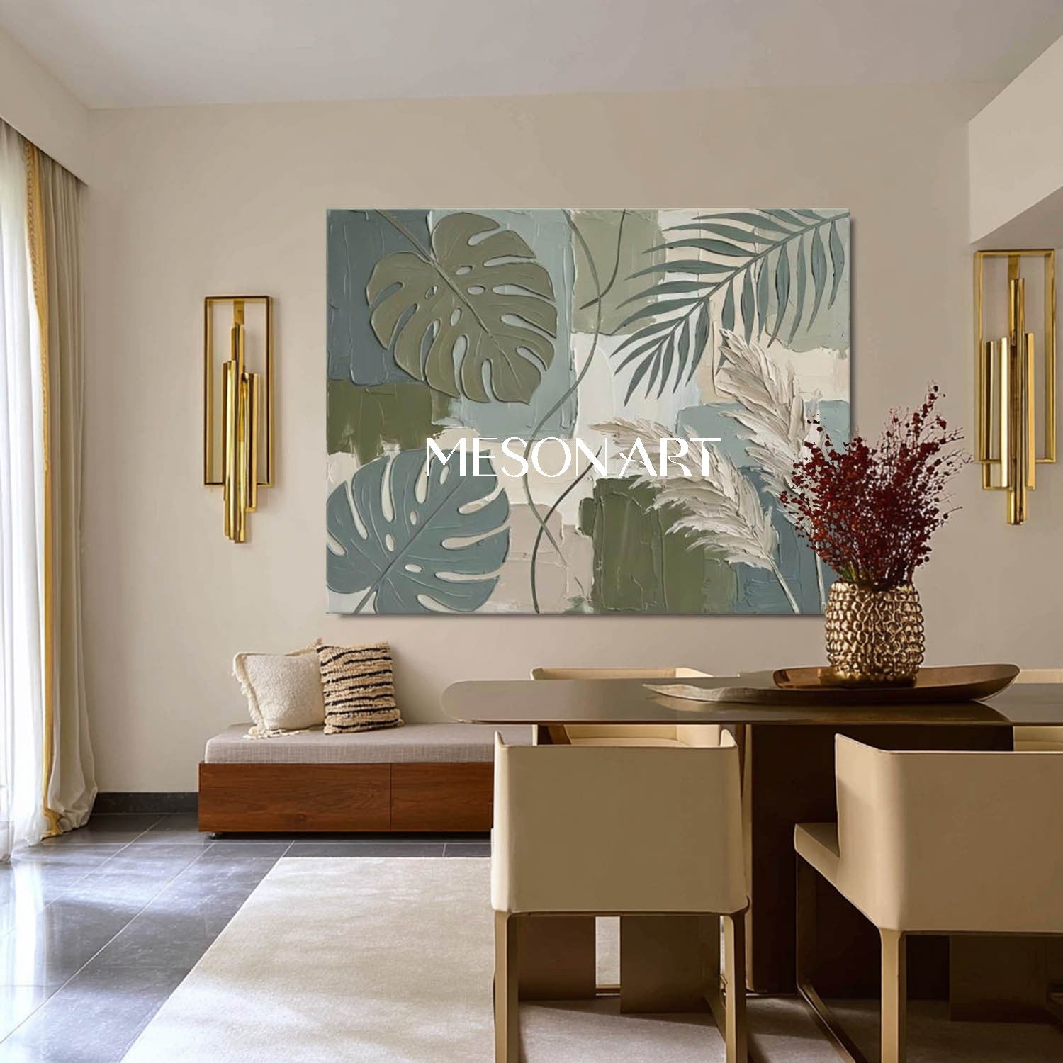 Sage Green Textured Botanical Art 3D Boho Monstera & Palm Canvas Painting