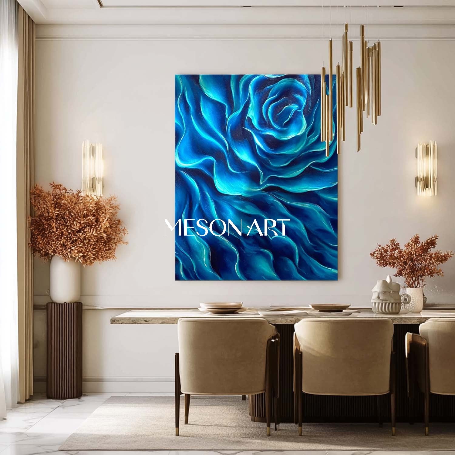Blue Waves Abstract Flower Painting Modern Art on Canvas Wall Decor