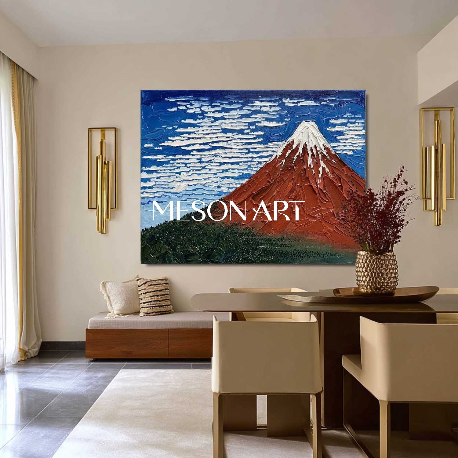 MesonArt 3D Textured Red Mountain Oil Painting - Impasto Landscape Wall Art