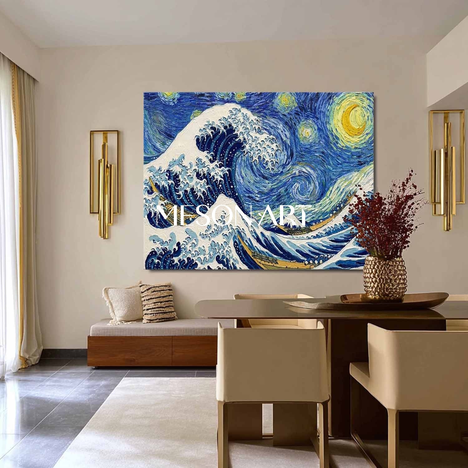 Ukiyo-e 3D Plaster Art, Hand Painted Heavy Texture Canvas, Japanese Wall Decor For Living Room