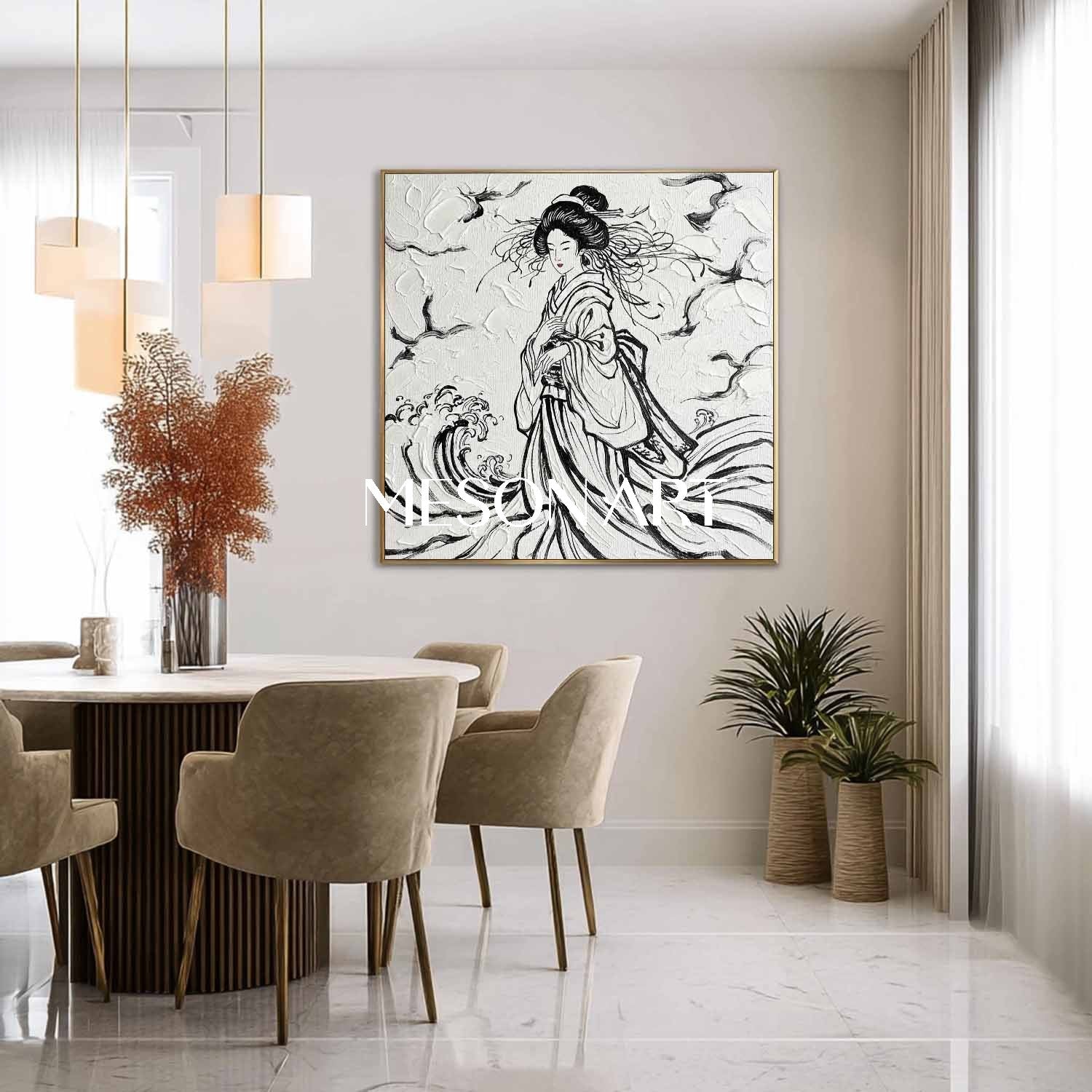 Hand Painted 3D Textured Geisha Canvas Art | Black And White Abstract Asian Wall Decor For Living Room