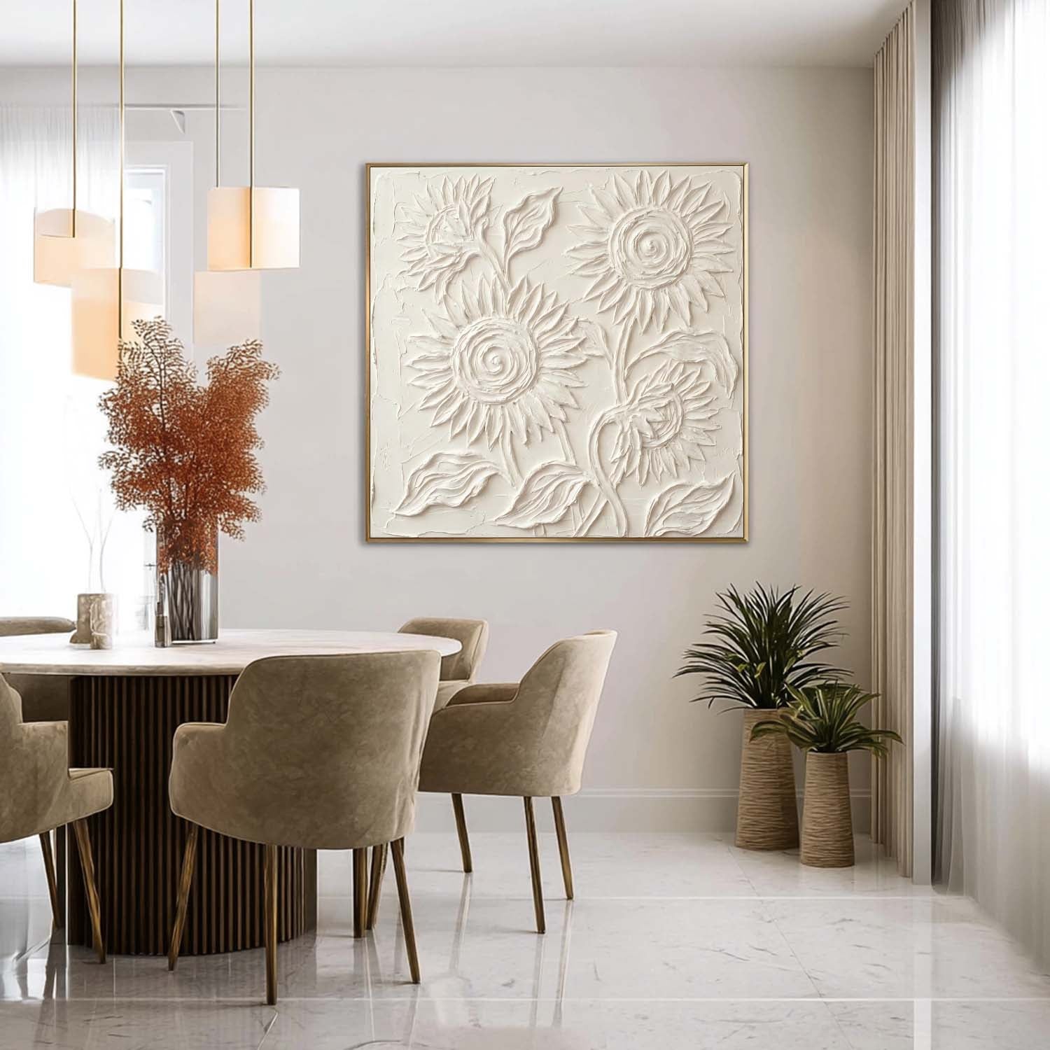 Square Framed 3D White Sunflower Art Flower Textured Wall Decor
